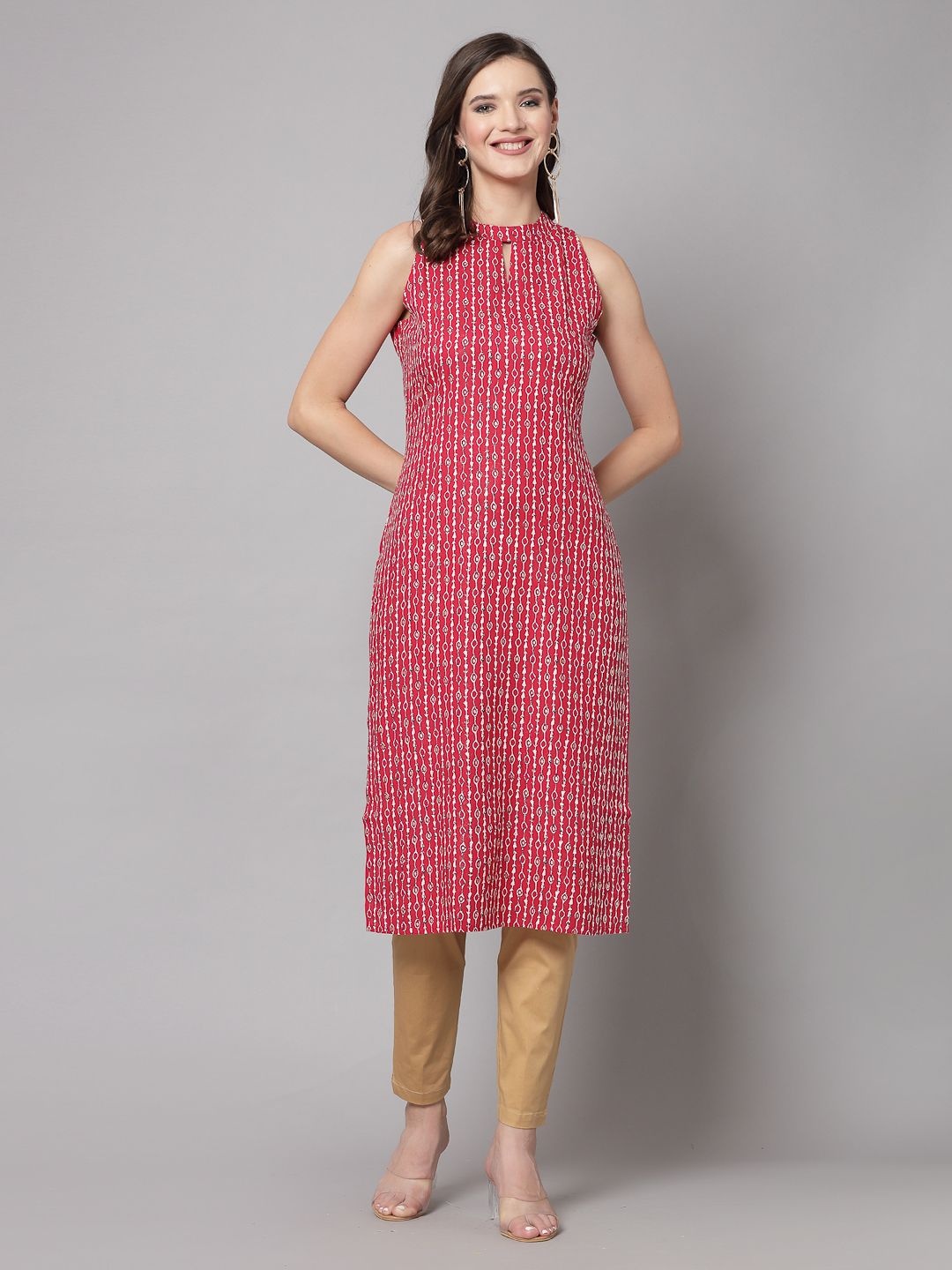 

kipek Women Keyhole Neck Floral Kurta, Red