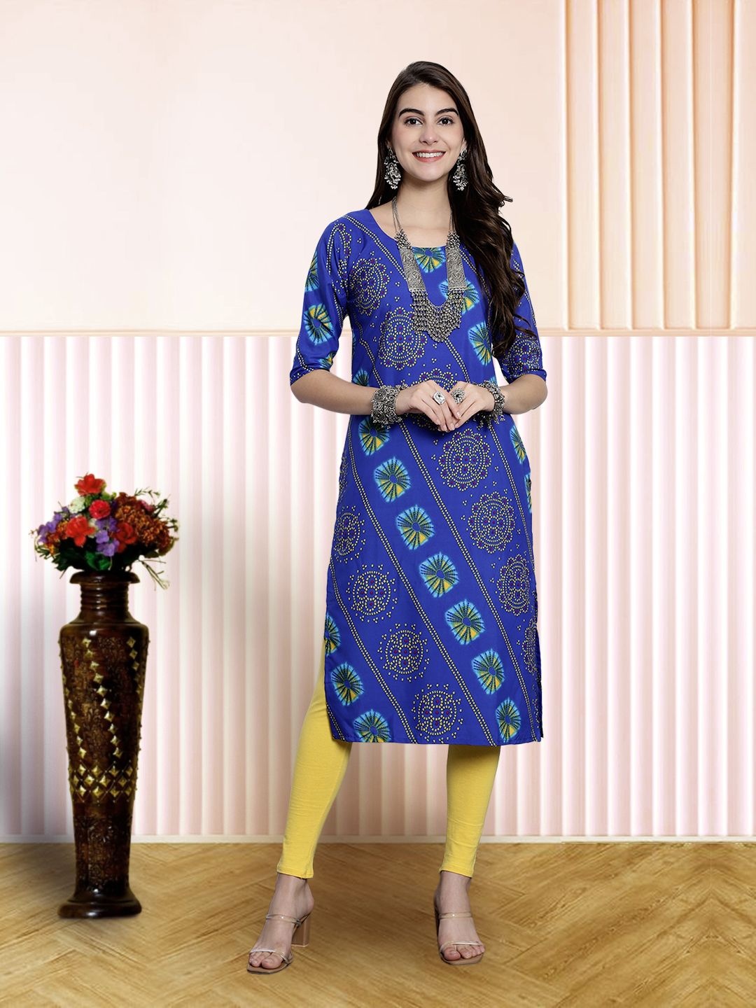 

7Threads Women Ethnic Motifs Printed Floral Crepe Kurta, Blue