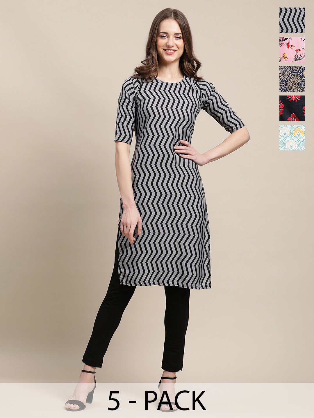 

7Threads Selection Of 5 Floral Printed Round Neck Kurtas, Black