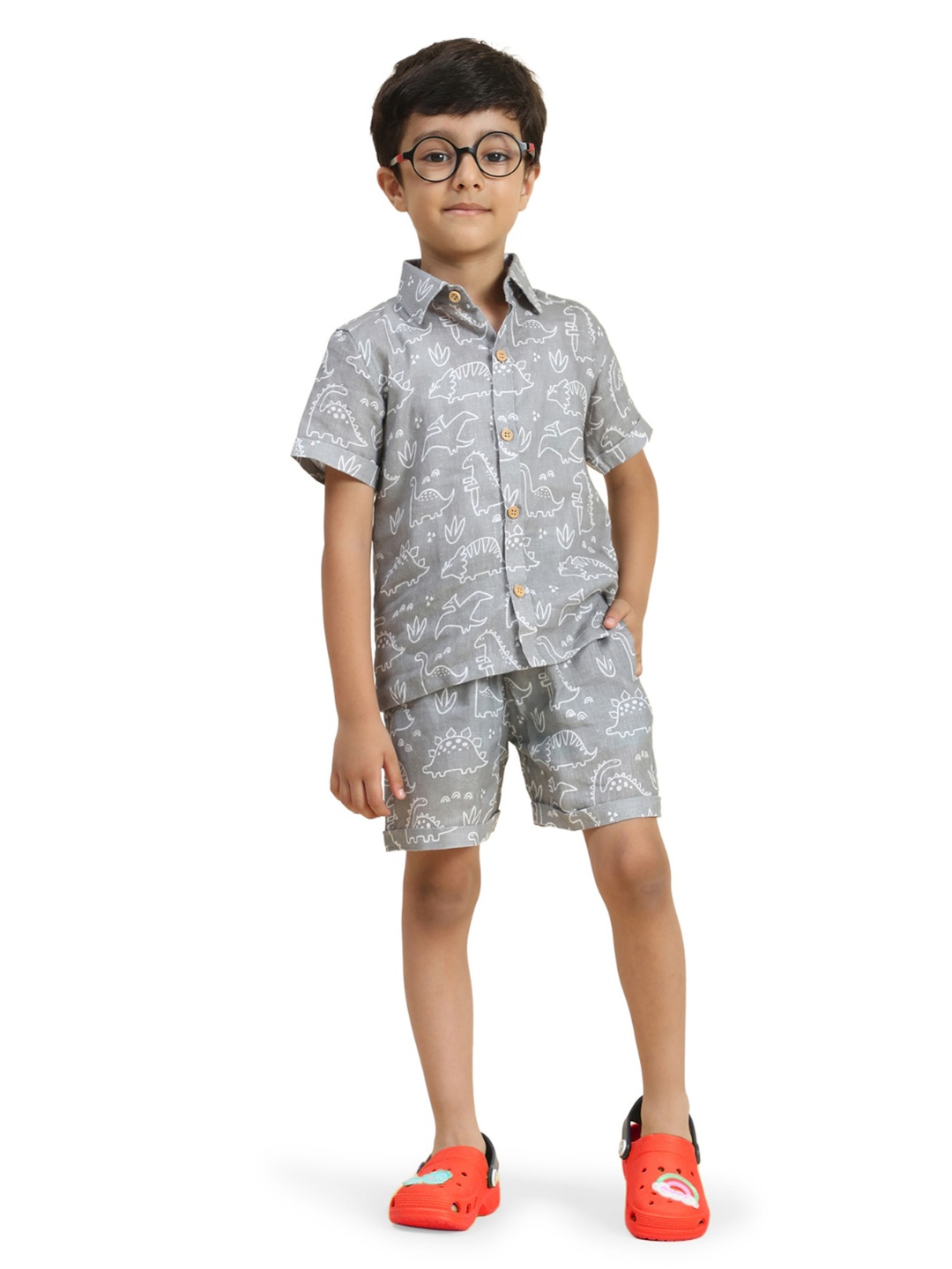 

Funny Bones Clothings Boys Printed Shirt Collar Short Sleeves Linen Shirt & Shorts, Grey