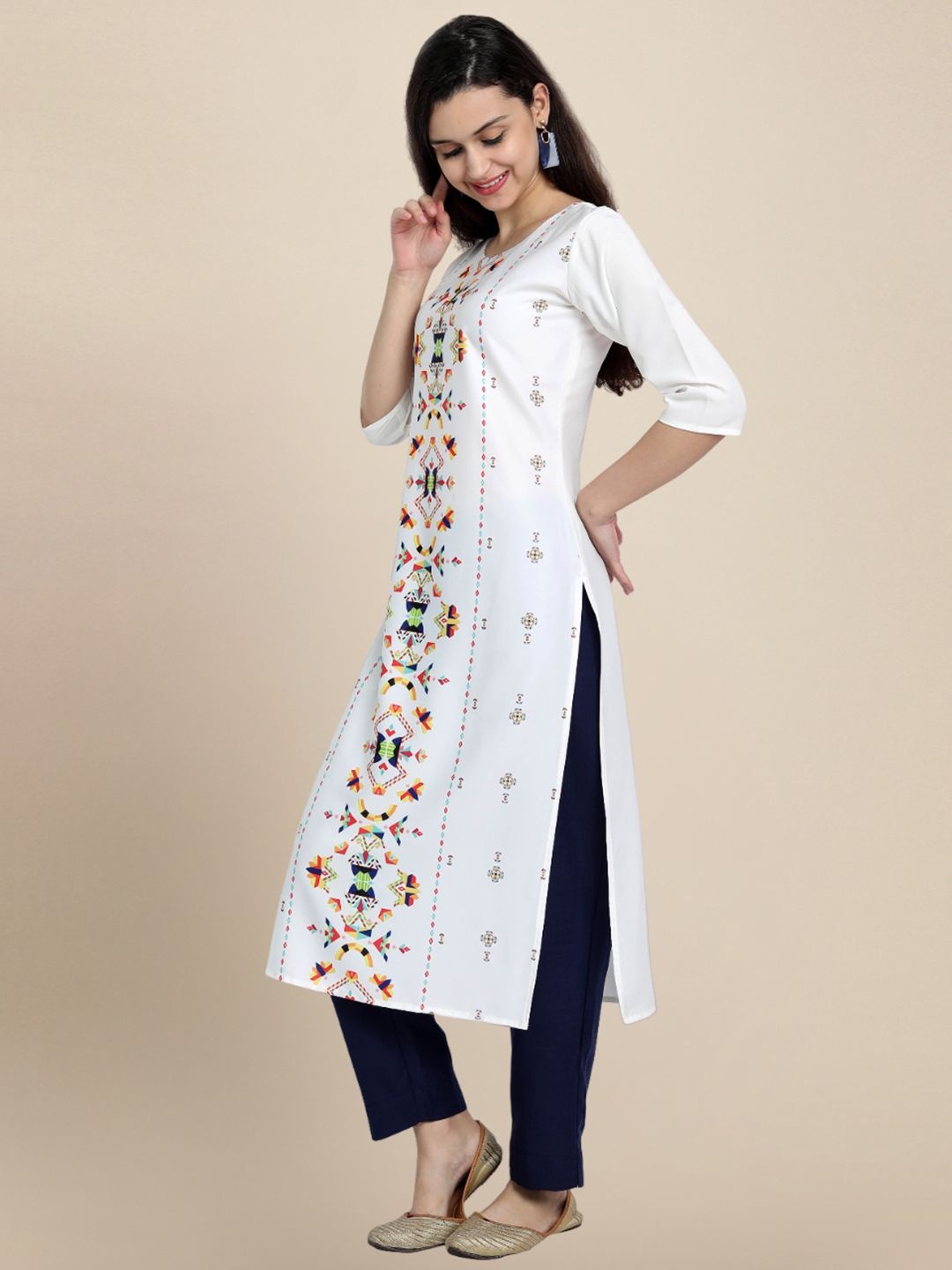 

7Threads Women Ethnic Motifs Printed Floral Crepe Kurta, White