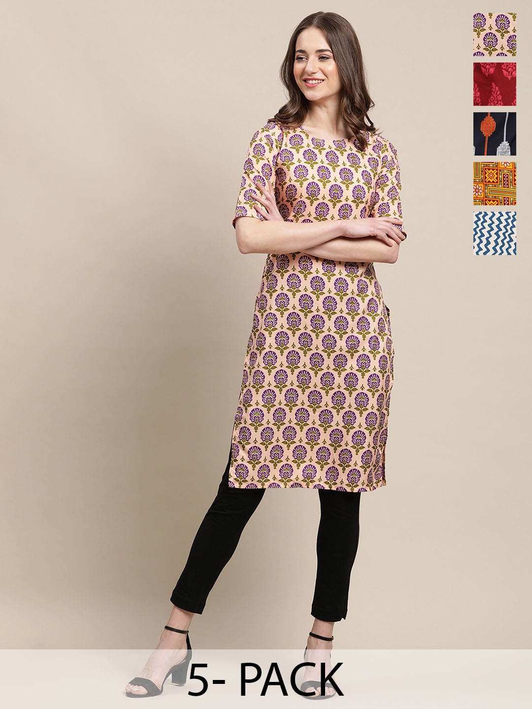 

7Threads Selection Of 5 Ethnic Motifs & Geometric Printed Crepe Straight Kurtas, Red