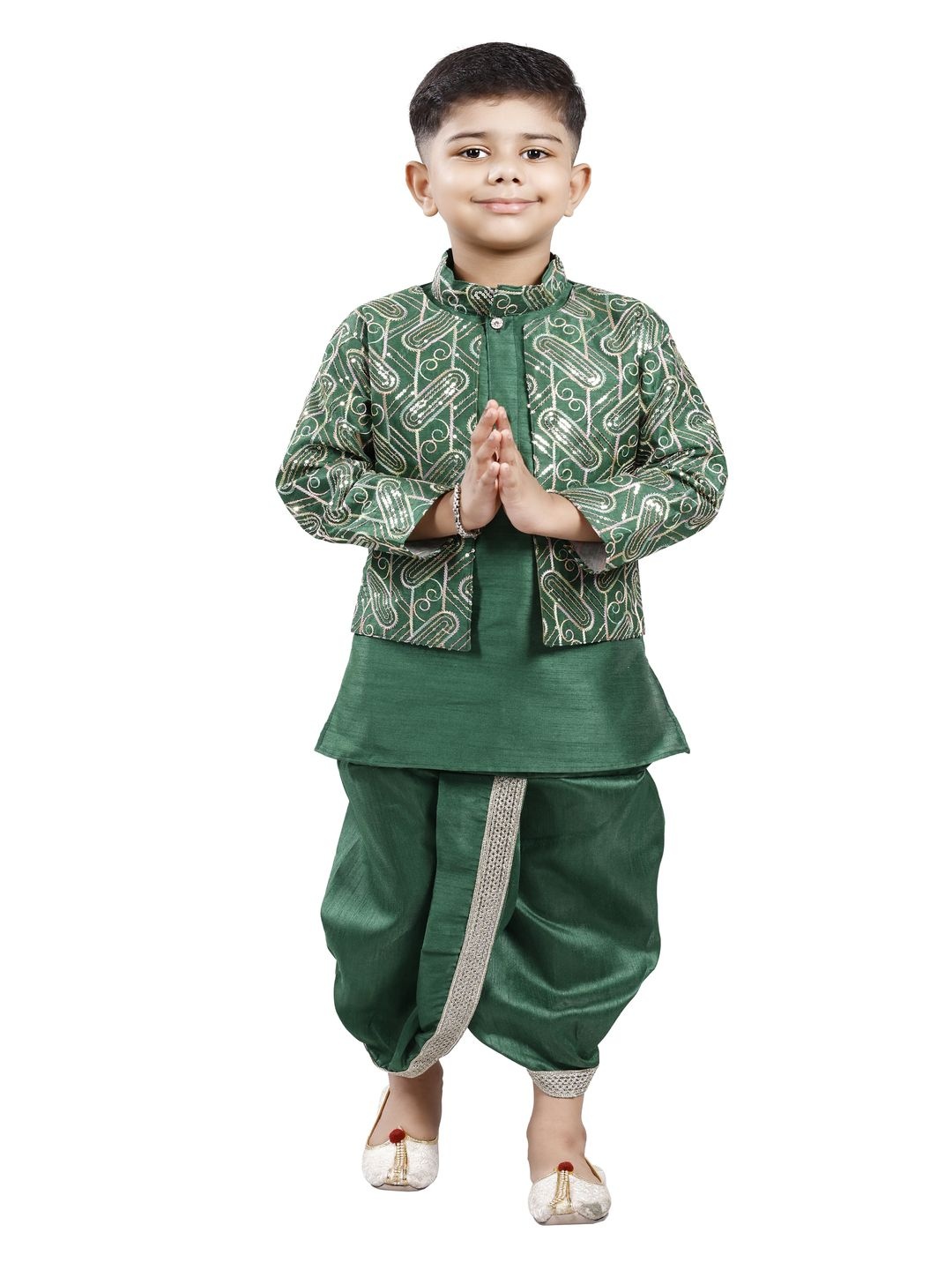 

BAESD Boys Mandarin Collar Kurta with Dhoti Pants & jacket, Green