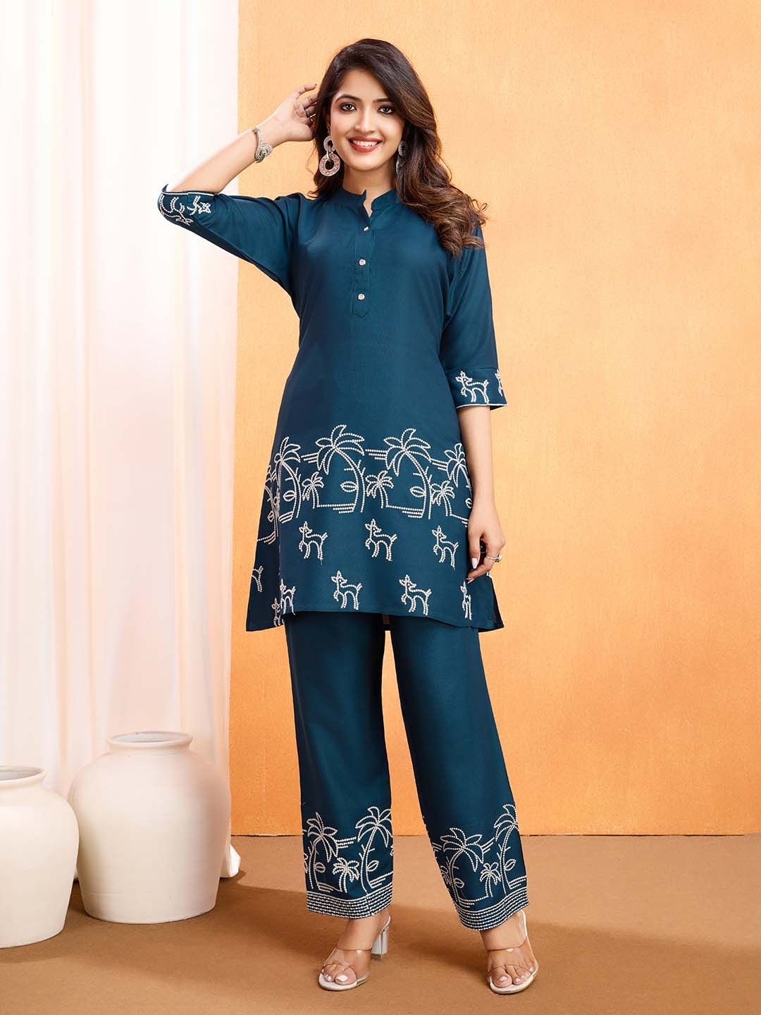 

Lilots Embroidered Mandarin Collar Top With Trousers Co-Ords, Blue