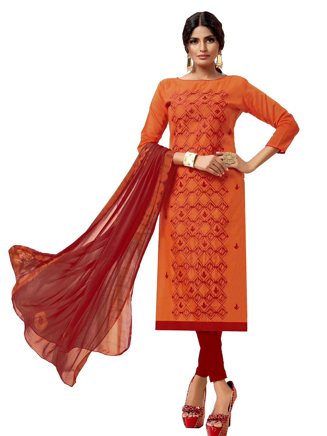 

Maroosh Geometric Embroidered Modal Cotton Unstitched Dress Material, Orange