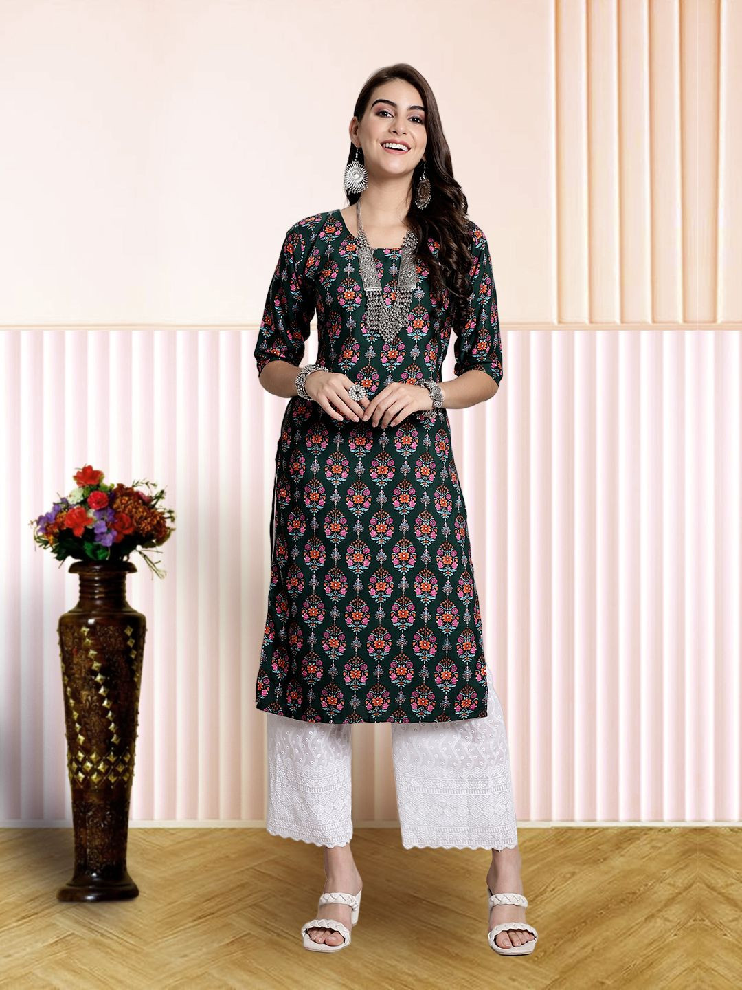 

7Threads Women Ethnic Motifs Printed Floral Crepe Kurta, Green