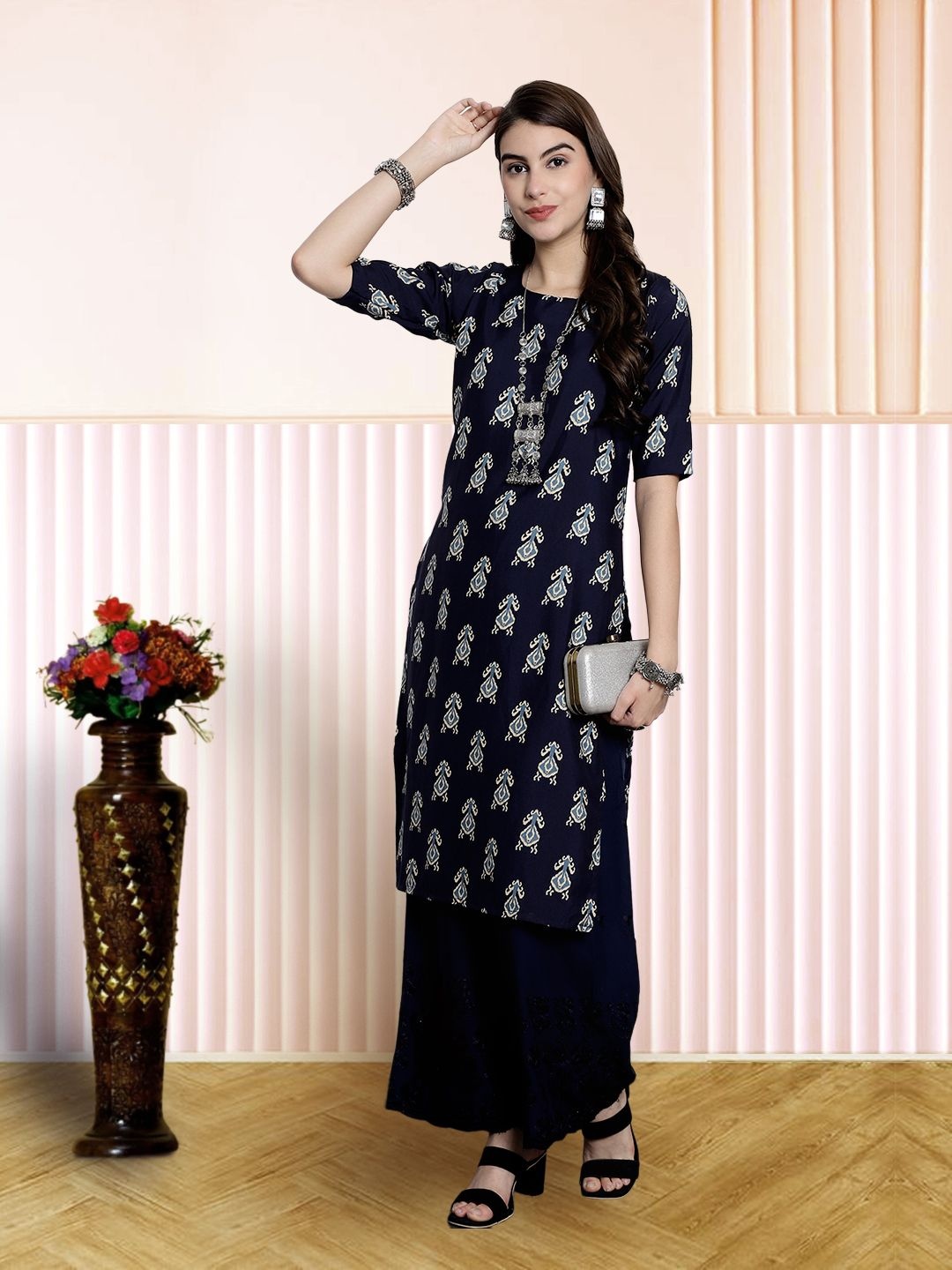 

7Threads Women Ethnic Motifs Printed Floral Crepe Kurta, Blue