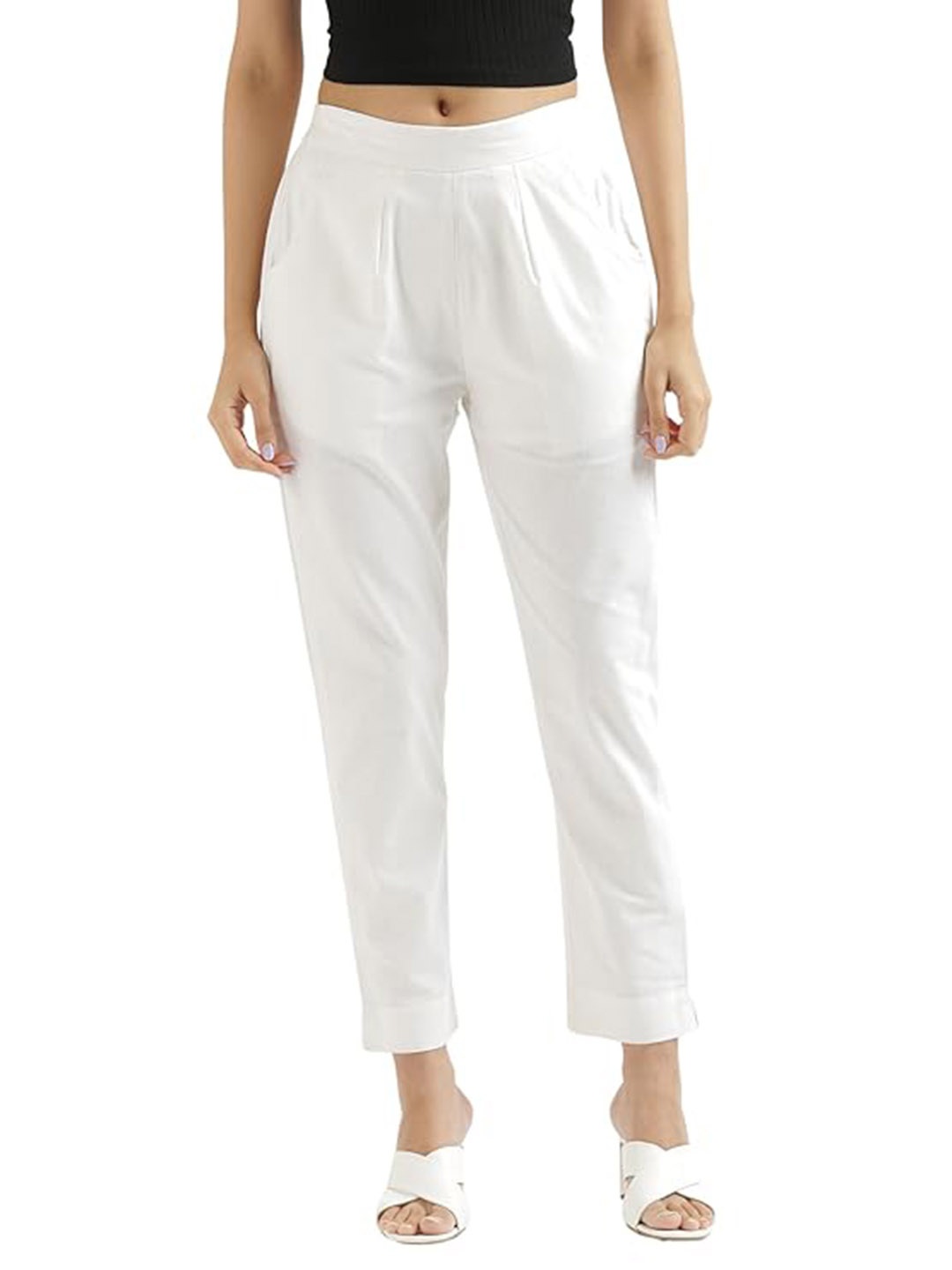 

MIRAYYA Women Relaxed Straight Leg Fit Mid-Rise Cropped Cotton Trousers, White