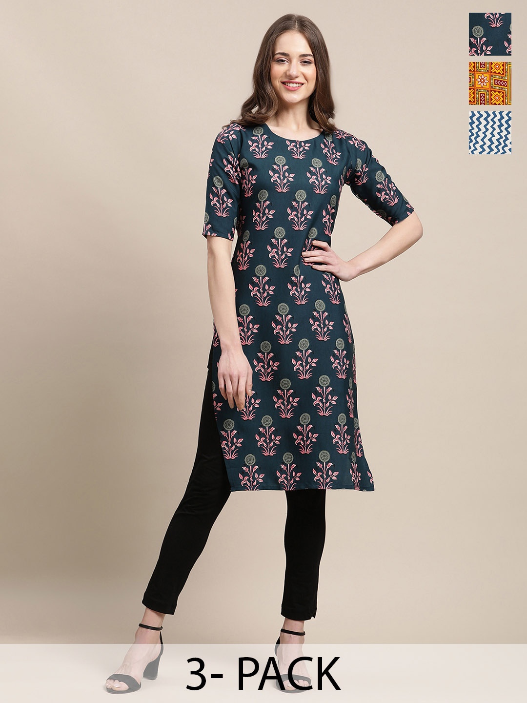 

7Threads Selection of 3 Floral Printed Round Neck Kurtas, Navy blue