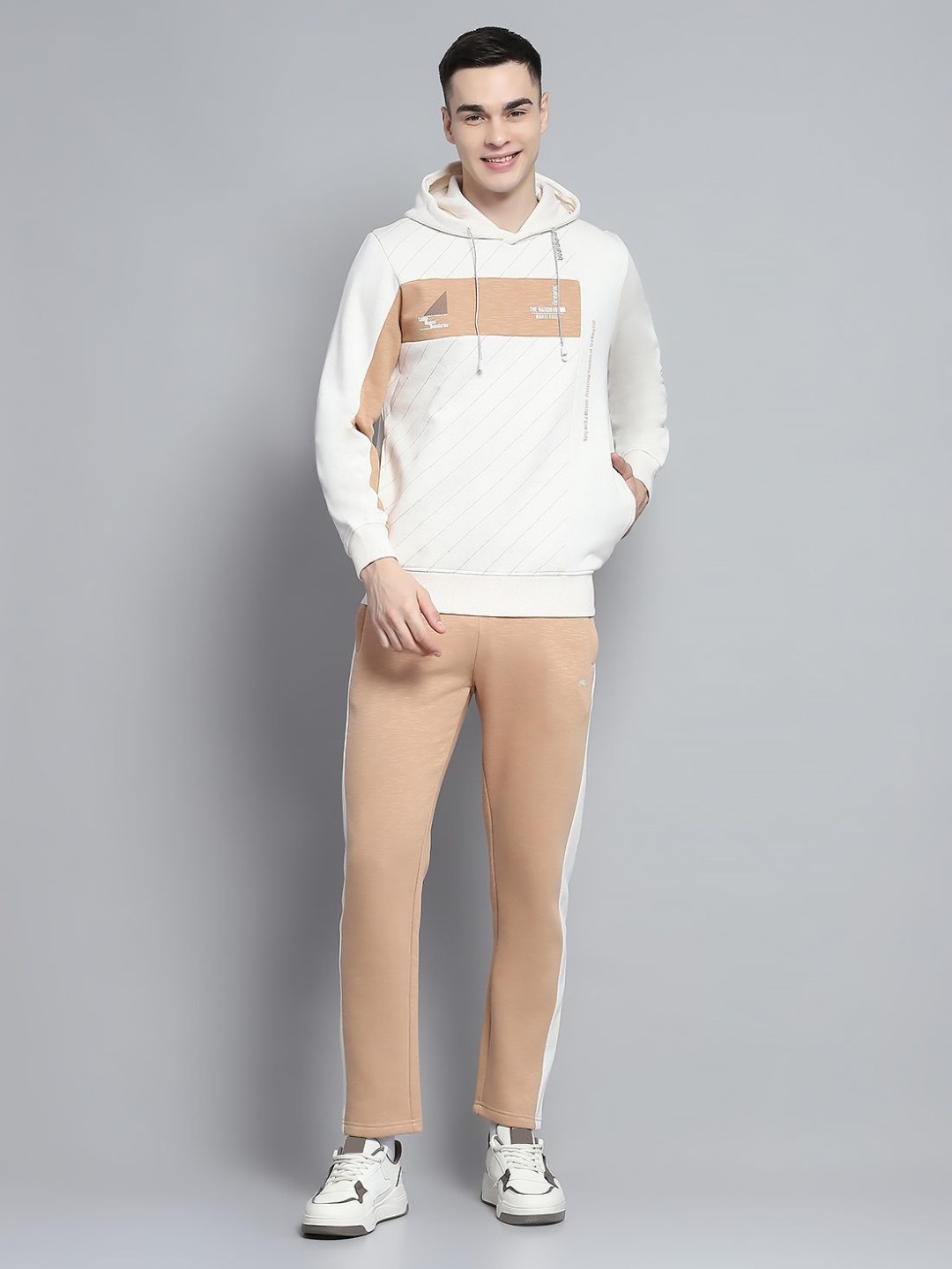

Monte Carlo Men Mid-Rise Hooded Neck Full Sleeve Tracksuit, Beige