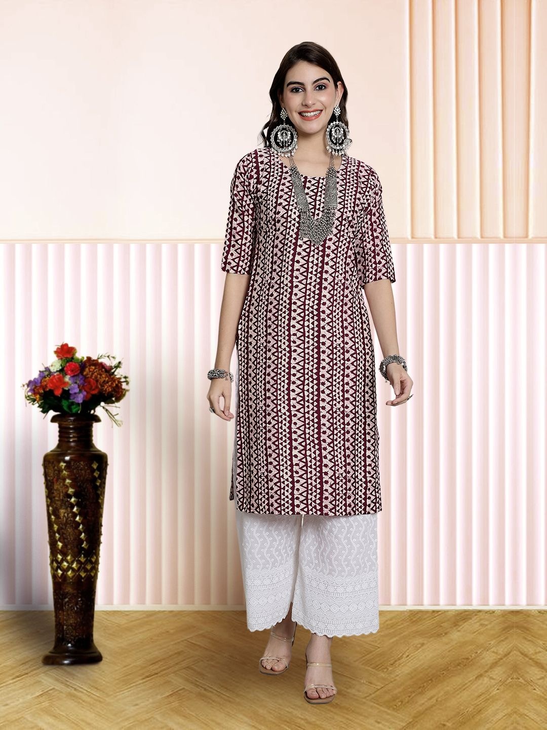 

7Threads Women Ethnic Motifs Printed Floral Crepe Kurta, Purple