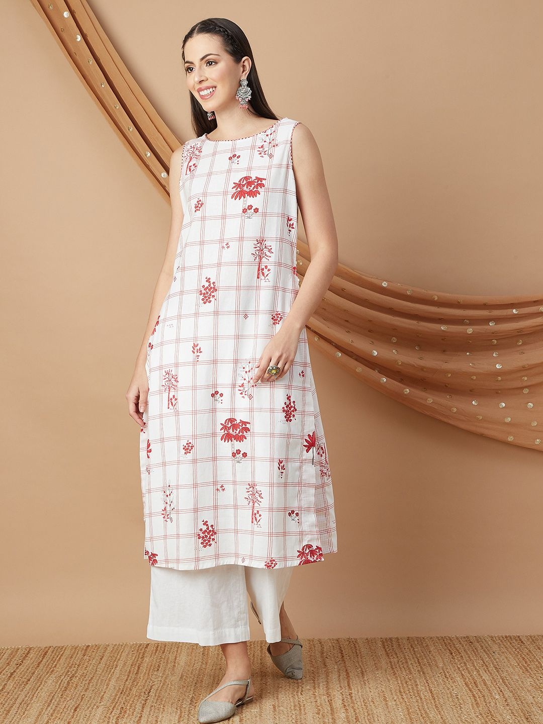 

Melange by Lifestyle Women Geometric Printed Off-Shoulder Thread Work Kurta, White