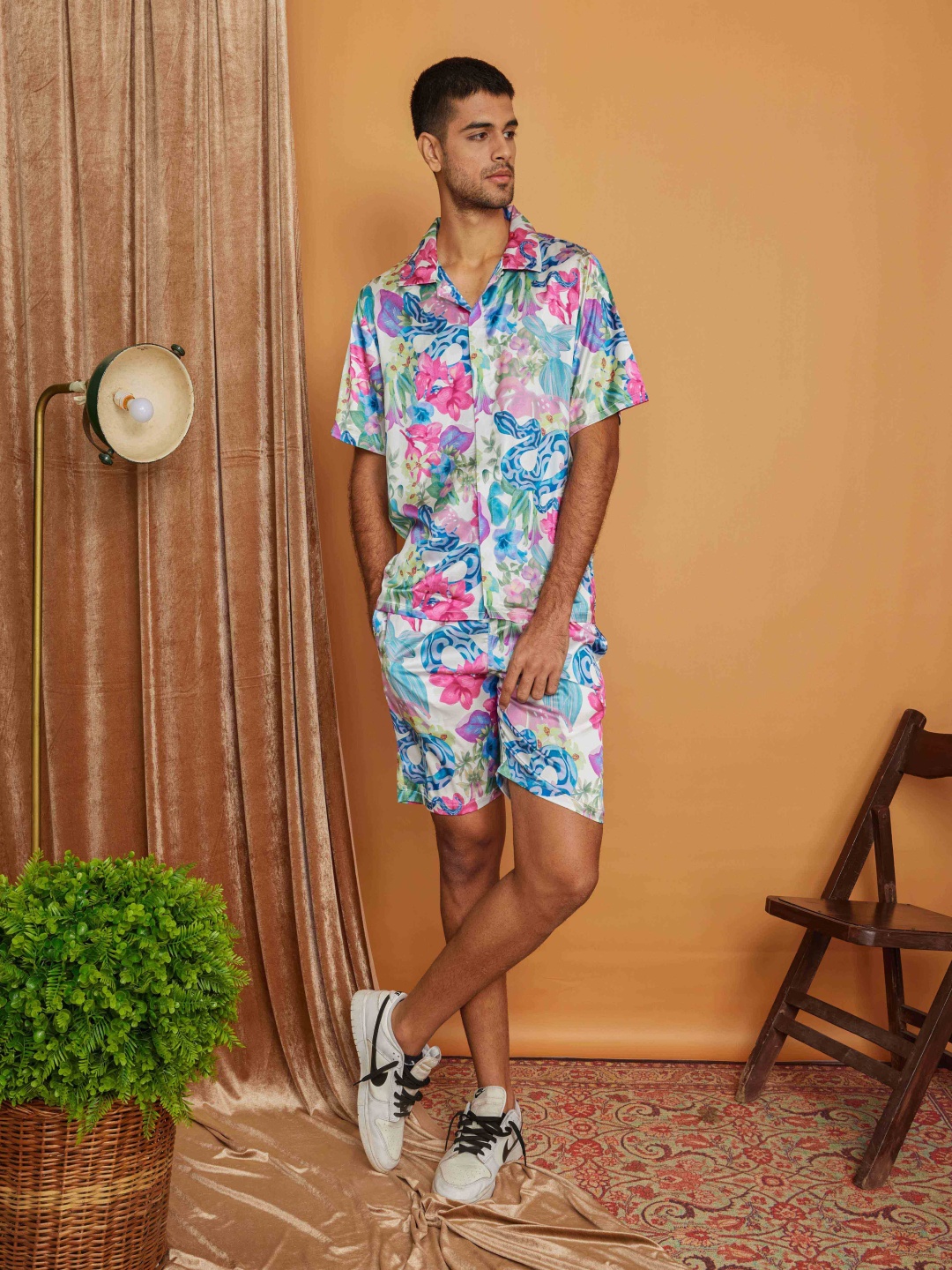 

CLUBHAVANA Garden Gala Printed Short Sleeves Premium Soft Satin Co-Ord Set, Blue