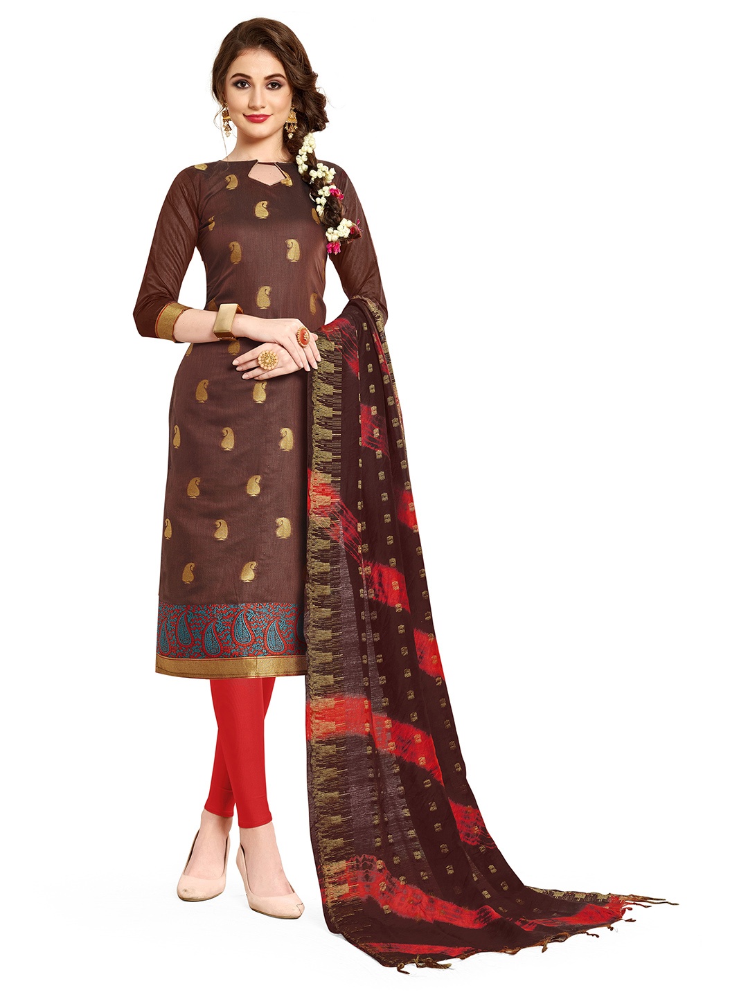 

Maroosh Paisley Woven Design Banarasi Silk Unstitched Dress Material, Brown