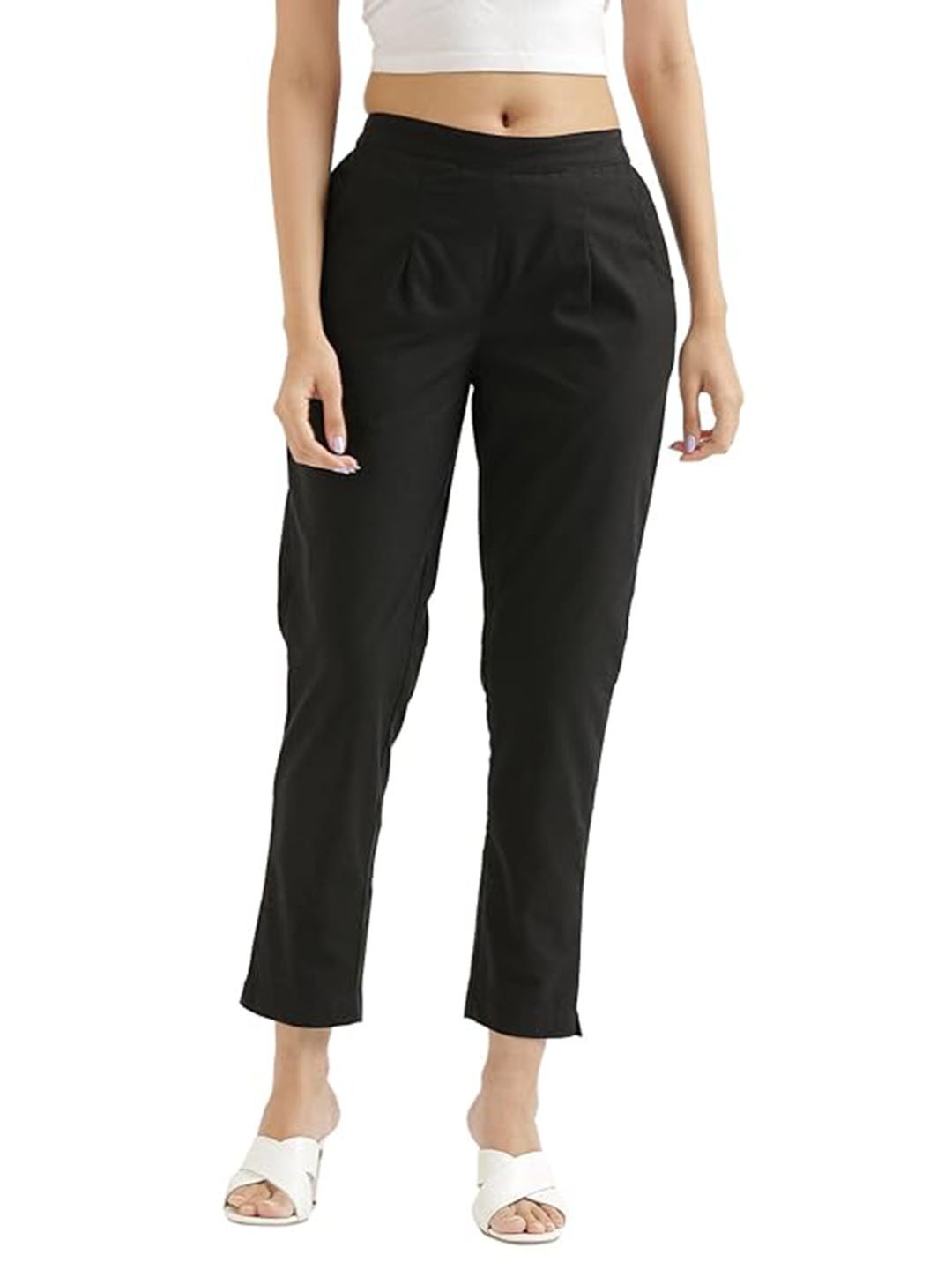 

MIRAYYA Women Relaxed Straight Leg Easy Wash Cotton Trousers, Black