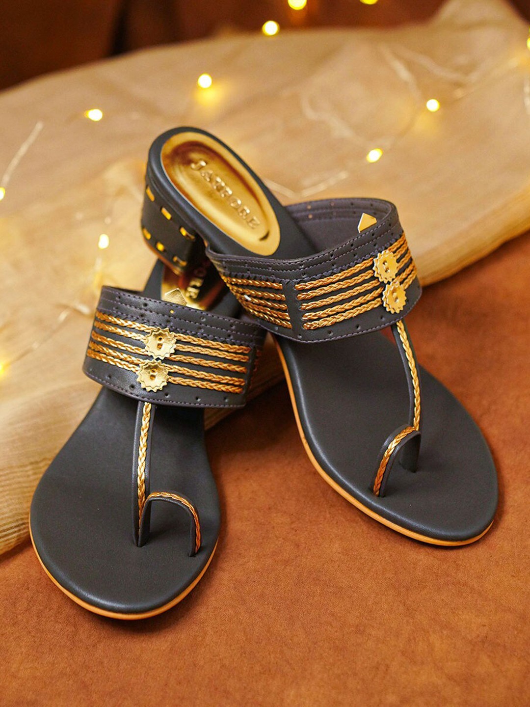 

JAYPORE Women Embellished Leather Block Sandals, Grey