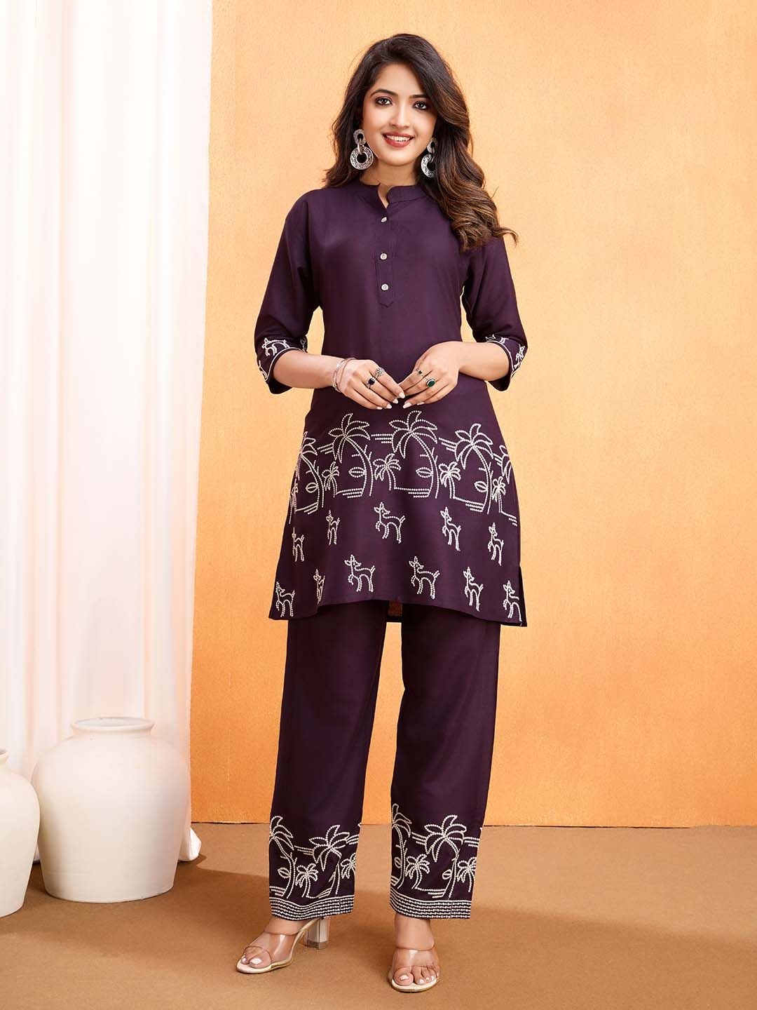 

Lilots Embroidered Mandarin Collar Neck Top With Trousers Co-Ords, Purple
