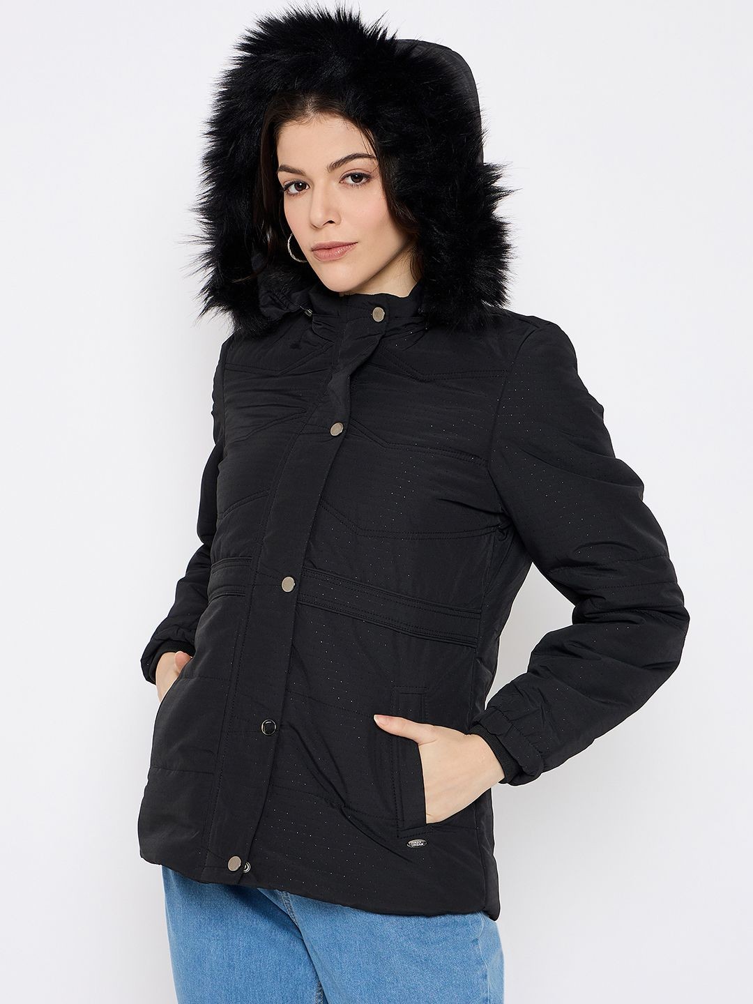

Duke Women Self Design Faux Fur Trim Parka Jacket, Black