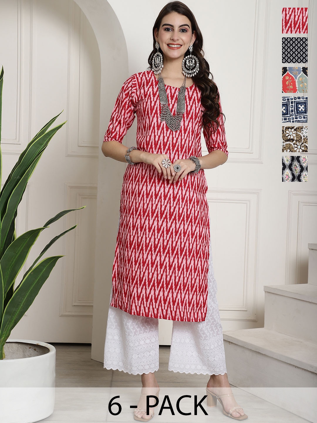 

7Threads Pack of 6 Chevron Printed Round Neck Kurtas, Red