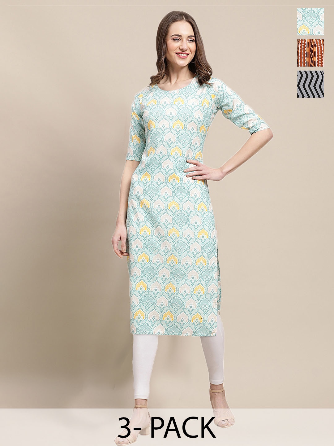 

7Threads Selection of 3 Ethnic Motifs Printed Round Neck Crepe Straight Kurta, Blue