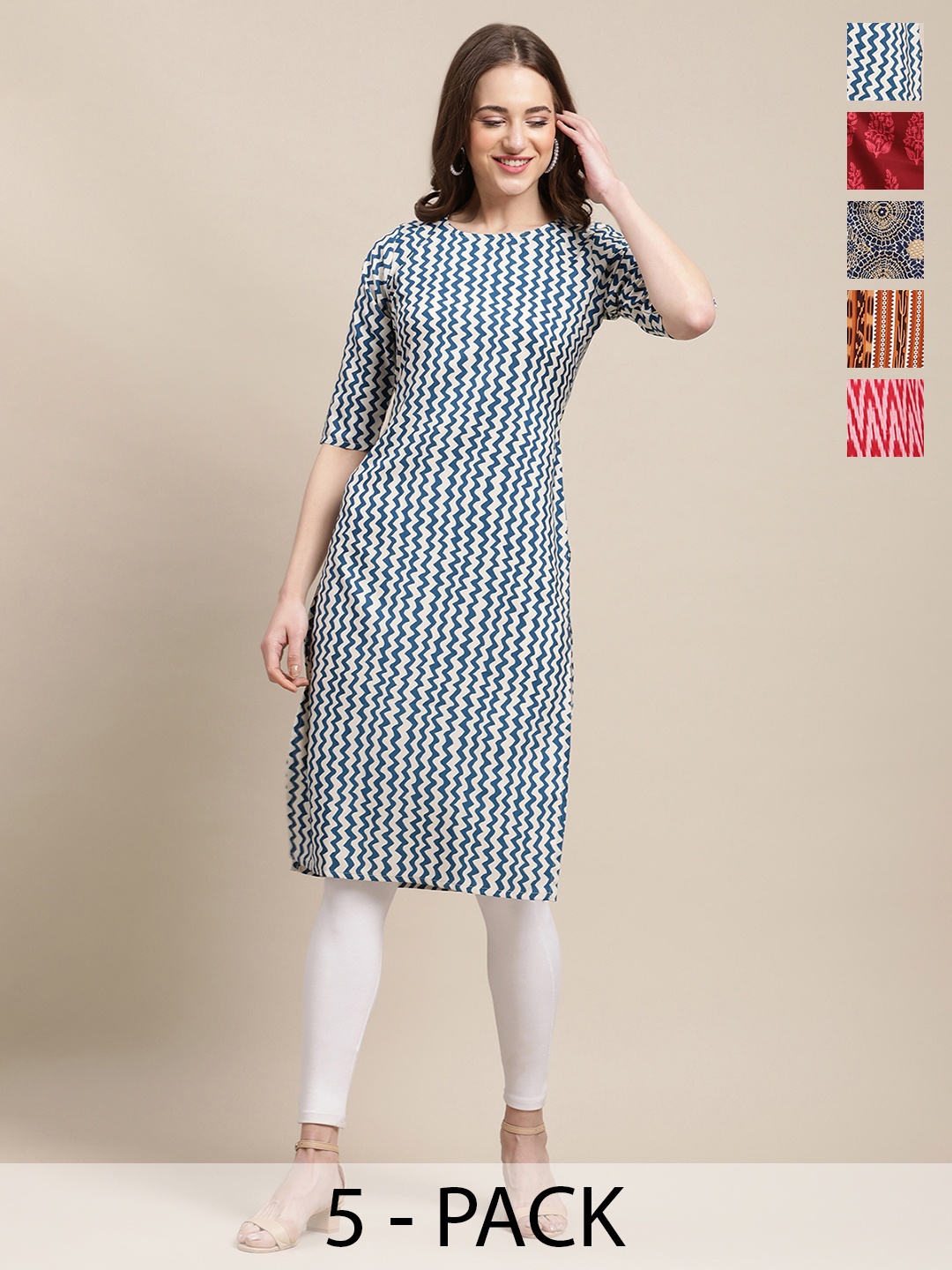 

7Threads Selections Of 5 Ethnic Motifs Printed Straight Kurtas, Blue