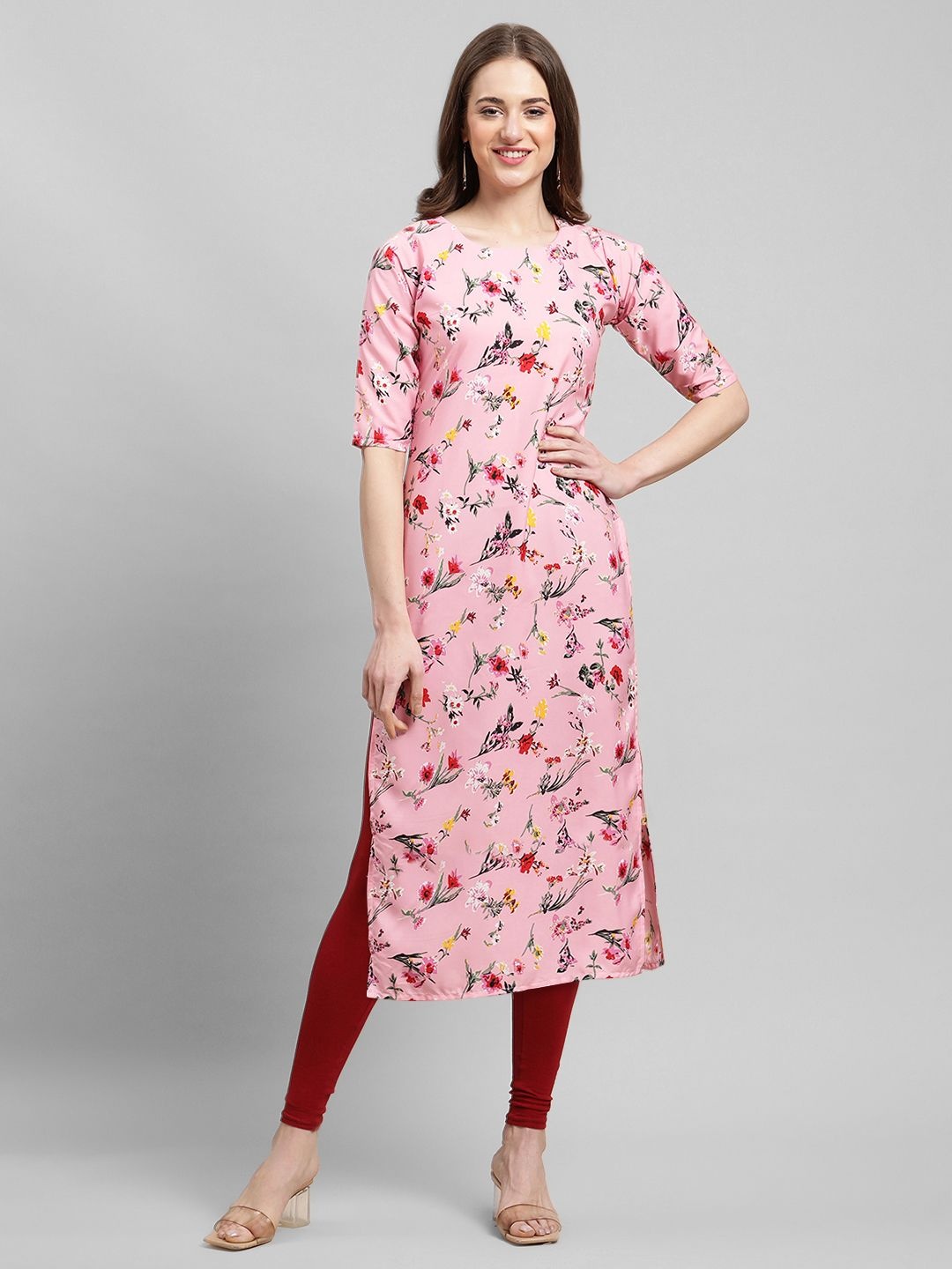 

7Threads Women Ethnic Motifs Printed Floral Crepe Kurta, Pink