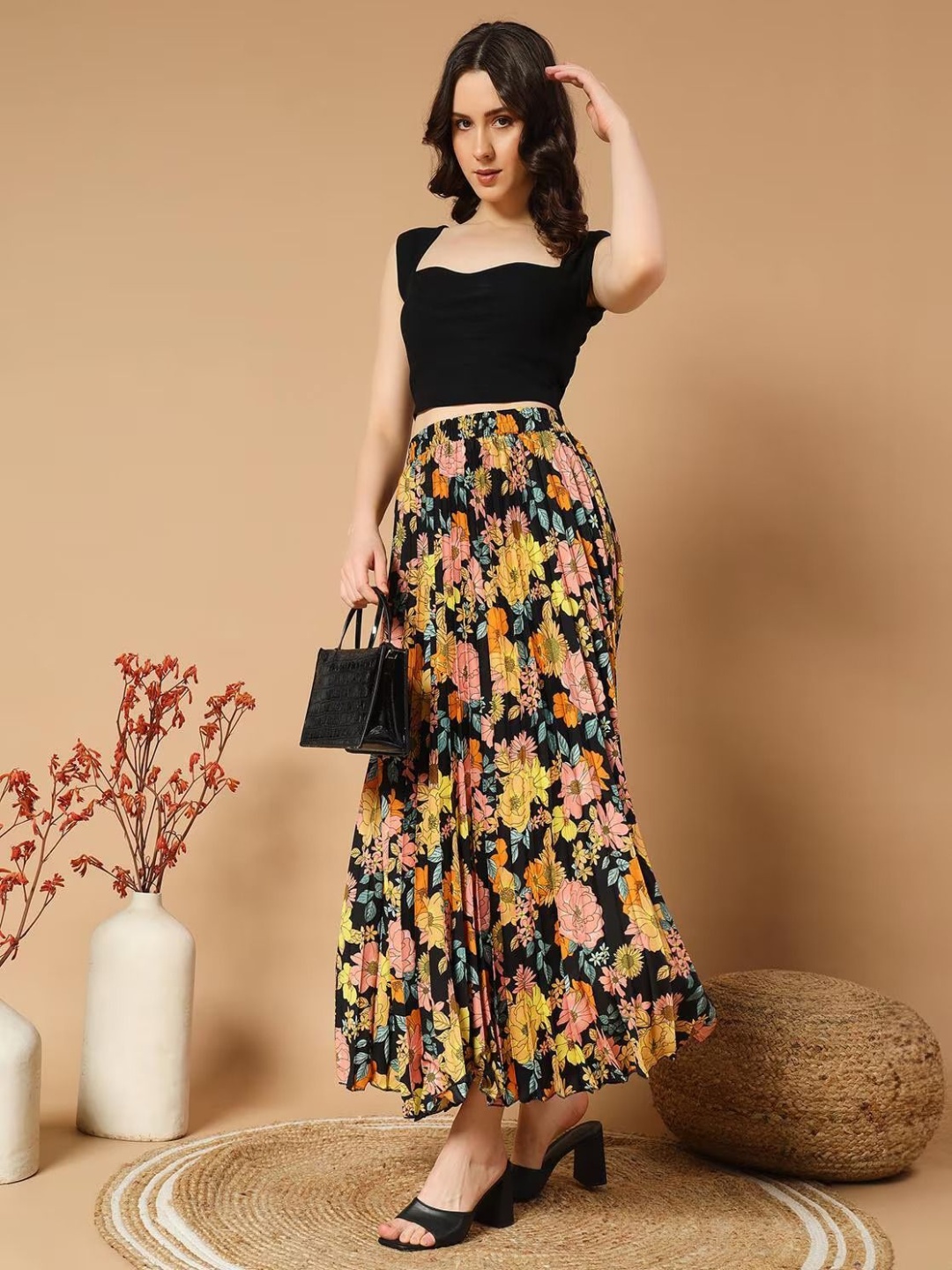 

Krunal Raiyani Women Floral Printed Accordion Pleated Maxi A-Line Skirt, Black