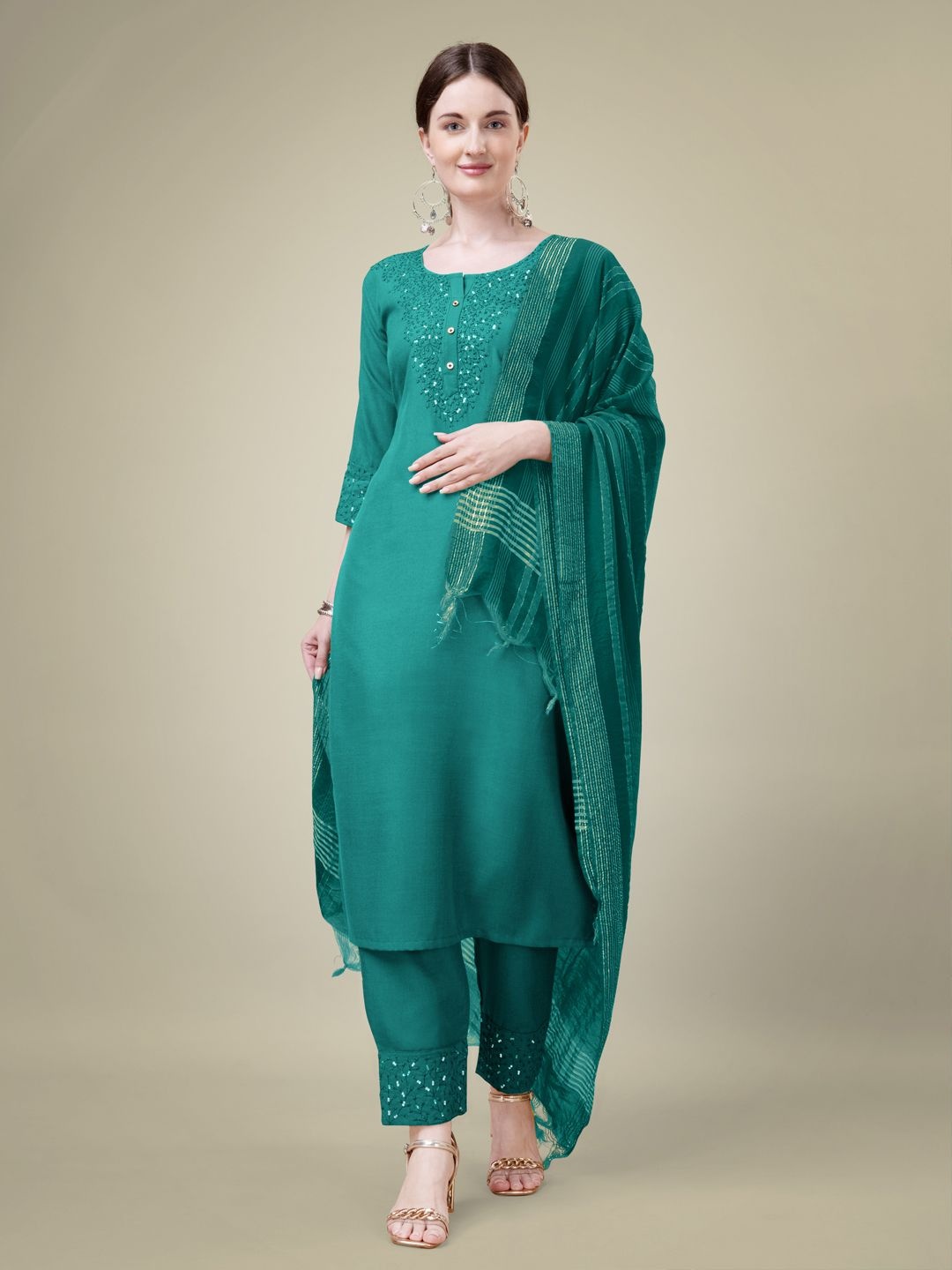 

HI FI NX Women Paisley Embroidered Regular Kurta with Trousers & With Dupatta, Sea green