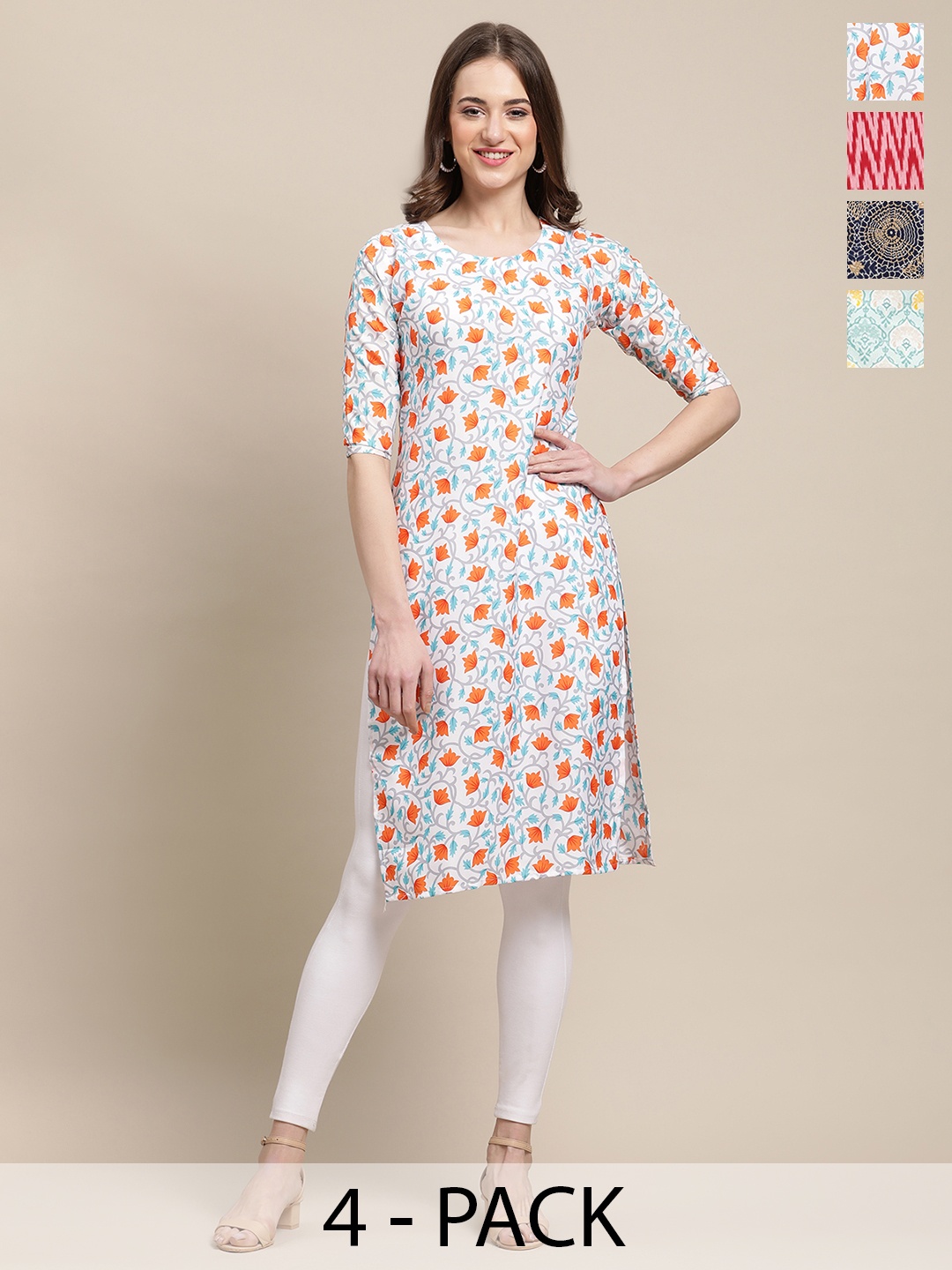 

7Threads Selection of 4 Geometric & Floral Printed Straight Kurtas, White