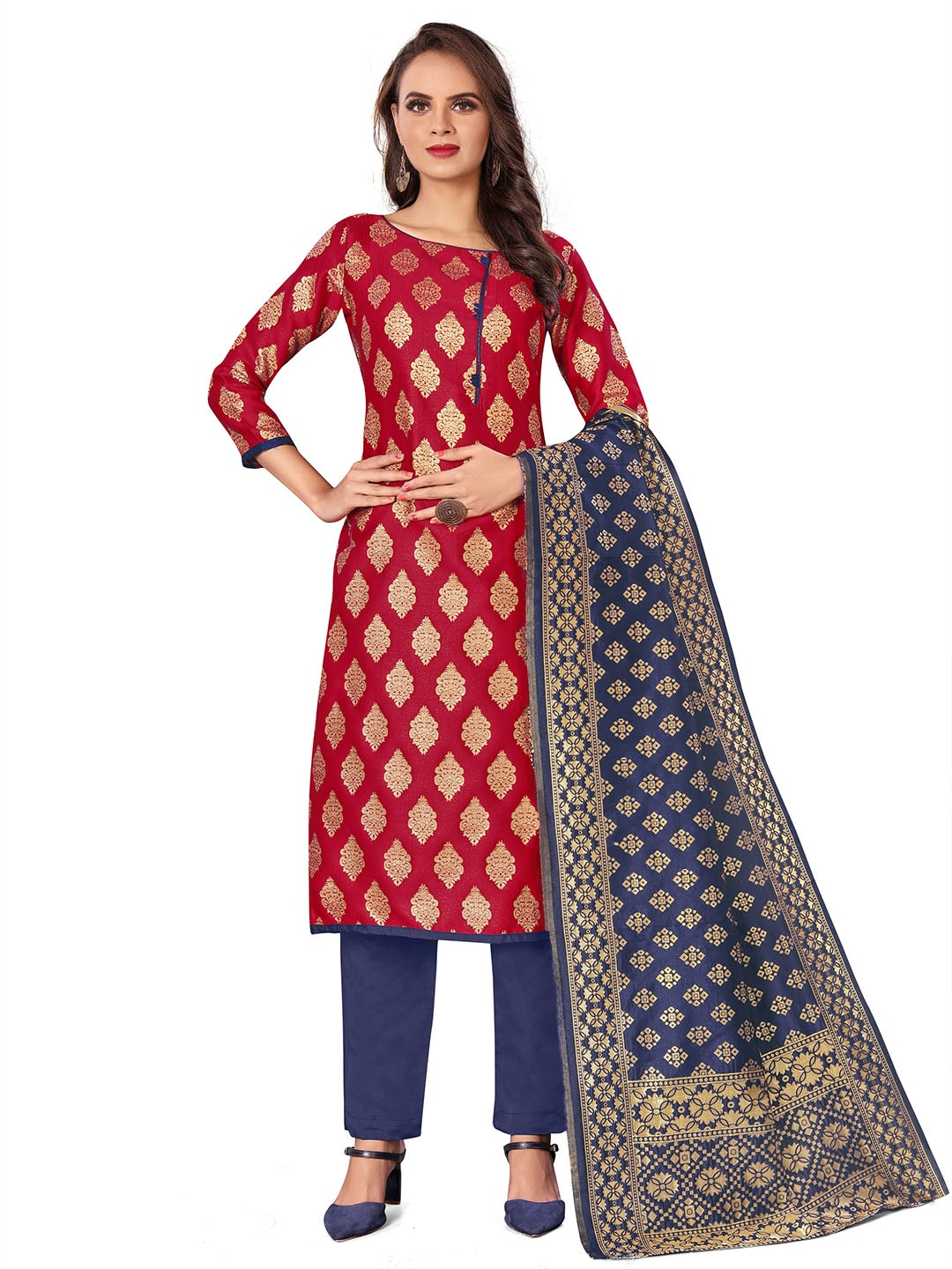 

Maroosh Ethnic Motifs Woven Design Banarasi Jacquard Unstitched Dress Material, Red