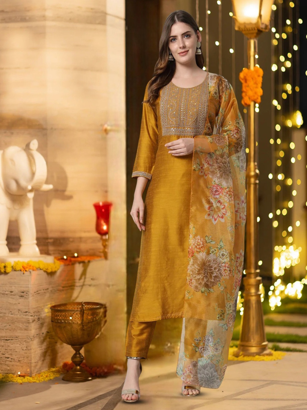 

BAESD Women Floral Embroidered Regular Kurta with Trousers & With Dupatta, Mustard