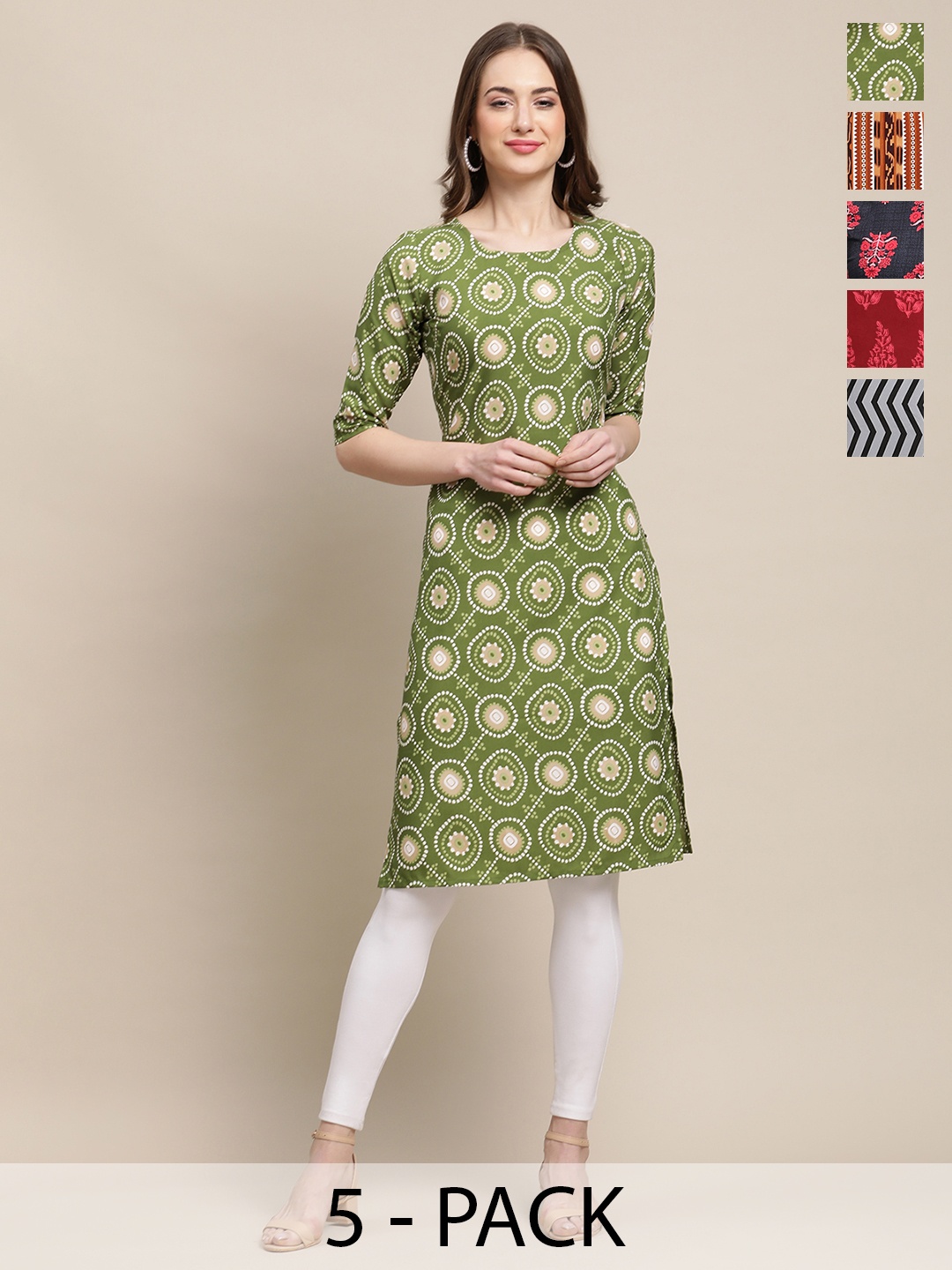 

7Threads Selection of 5 Ethnic Motifs Printed Round Neck Crepe Straight Kurta, Green