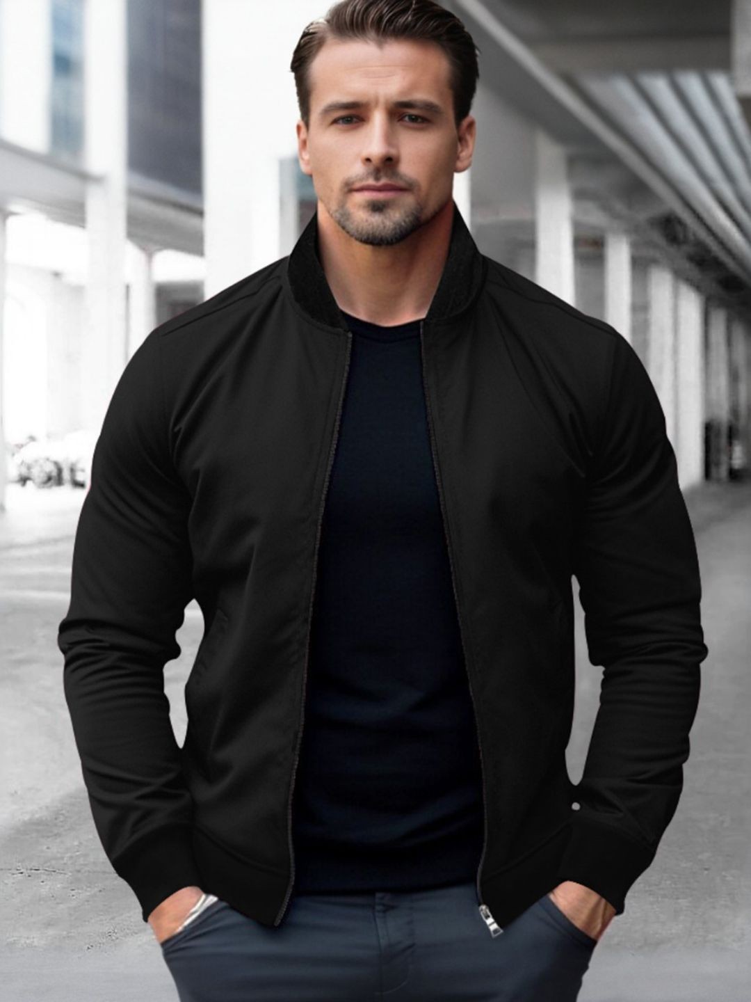 

StyleCast Men Mandarin Collar Zipper Front Open Jacket, Black