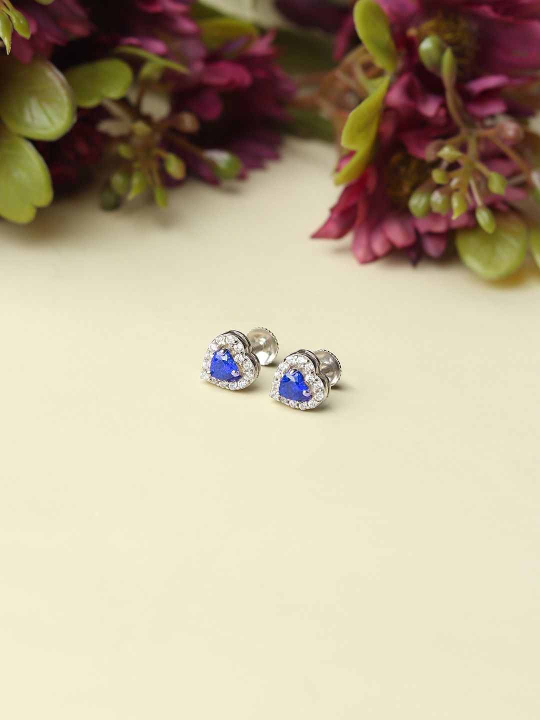 

AKSHAT SAPPHIRE 925 Sterling Silver Rhodium-Plated CZ Studded Heart Shaped Studs Earrings