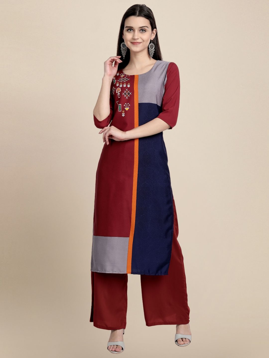 

7Threads Women Ethnic Motifs Printed Thread Work Floral Crepe Kurta, Maroon