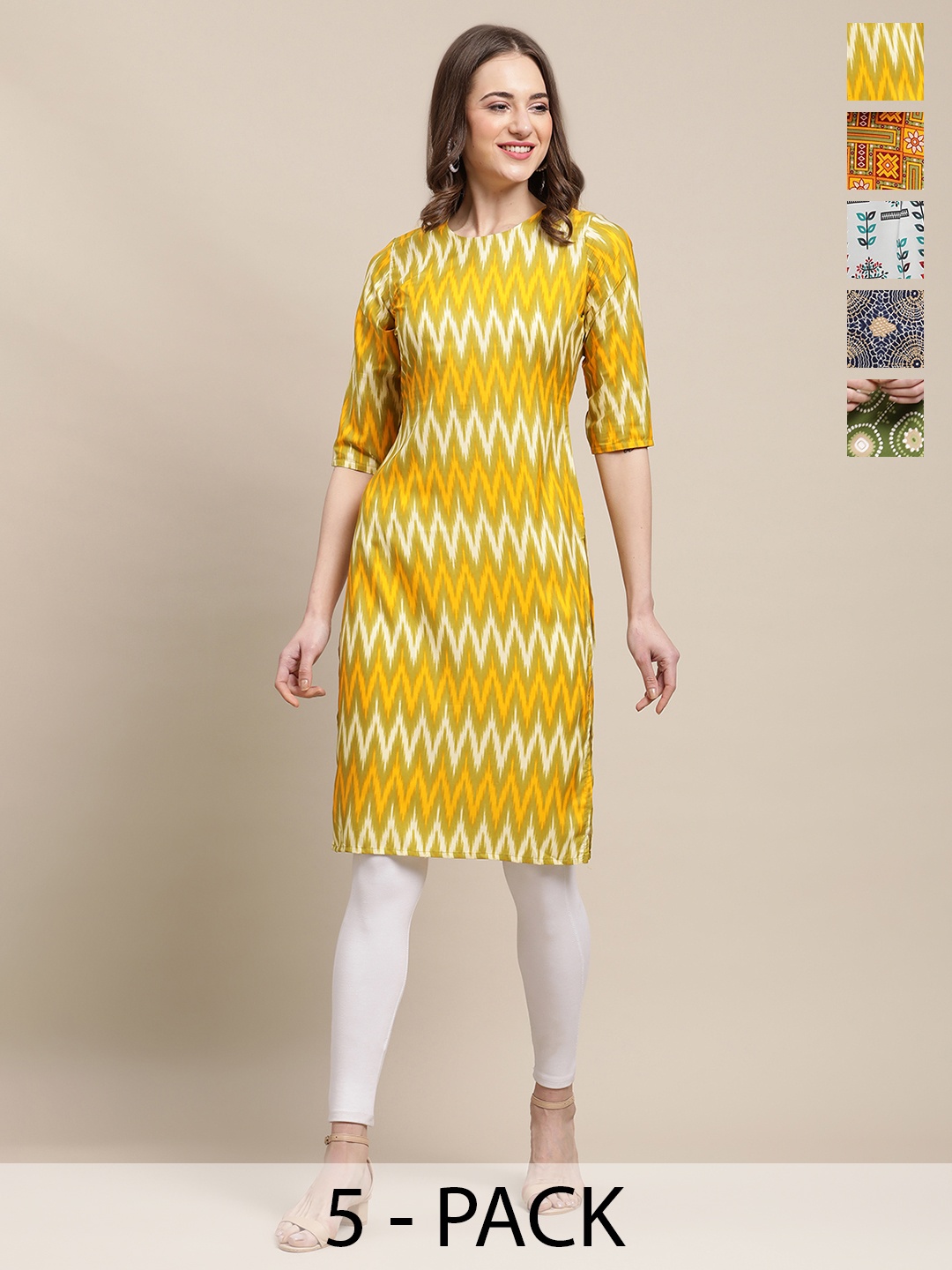 

7Threads Selection Of 5 Chevron Printed round Neck Straight Kurtas, Yellow