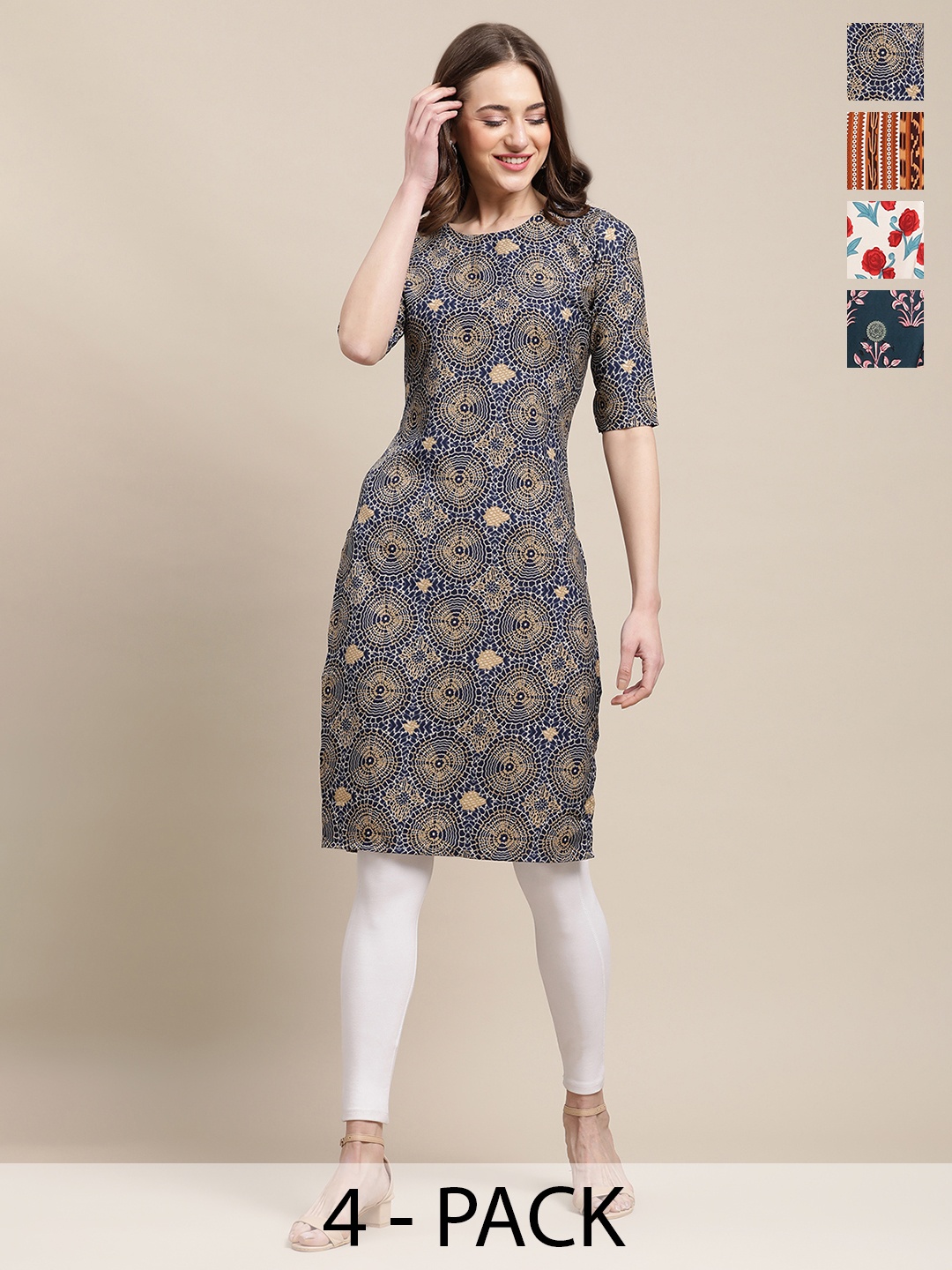 

7Threads Selection of 5 Floral Printed Crepe Straight Kurta, Blue