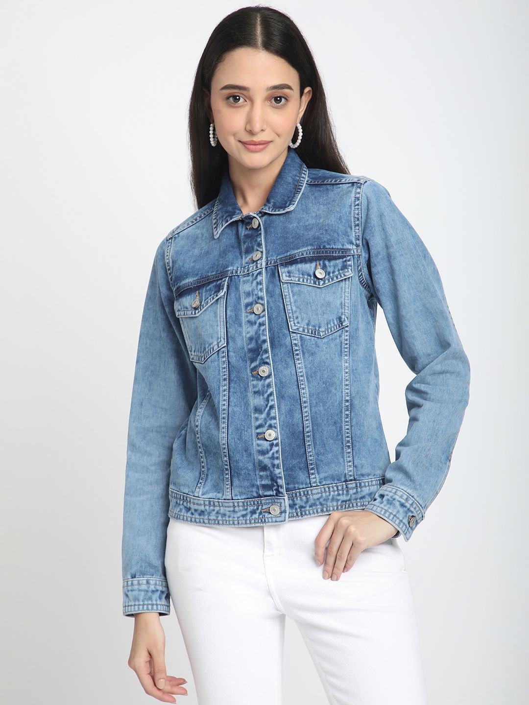 

R&B Women Washed without Crop Denim Jacket with Patchwork, Blue