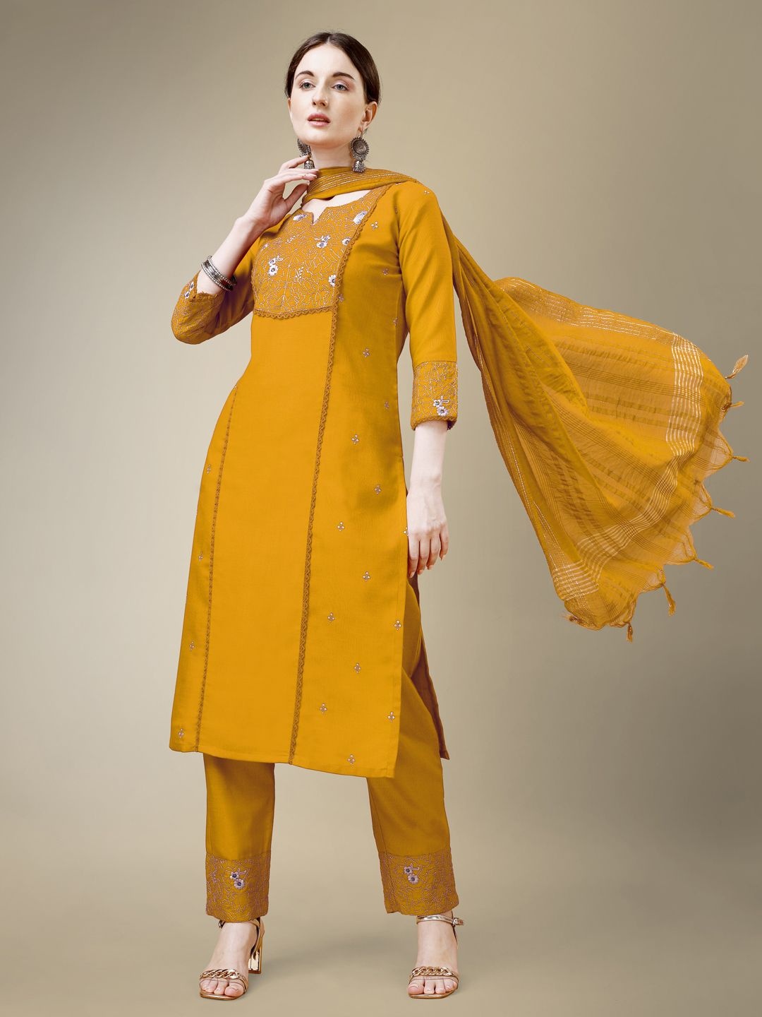 

HI FI NX Women Ethnic Motifs Embroidered Regular Kurta with Trousers & With Dupatta, Yellow