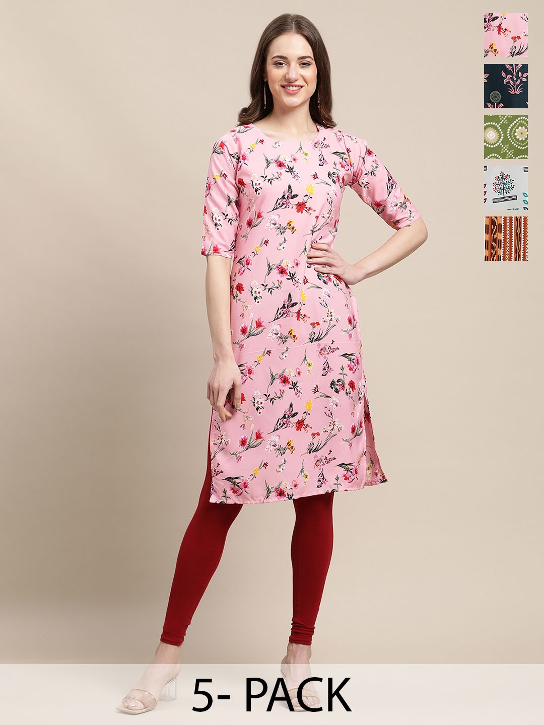 

7Threads Selection of 5 Floral Printed Crepe Straight Kurta, Pink