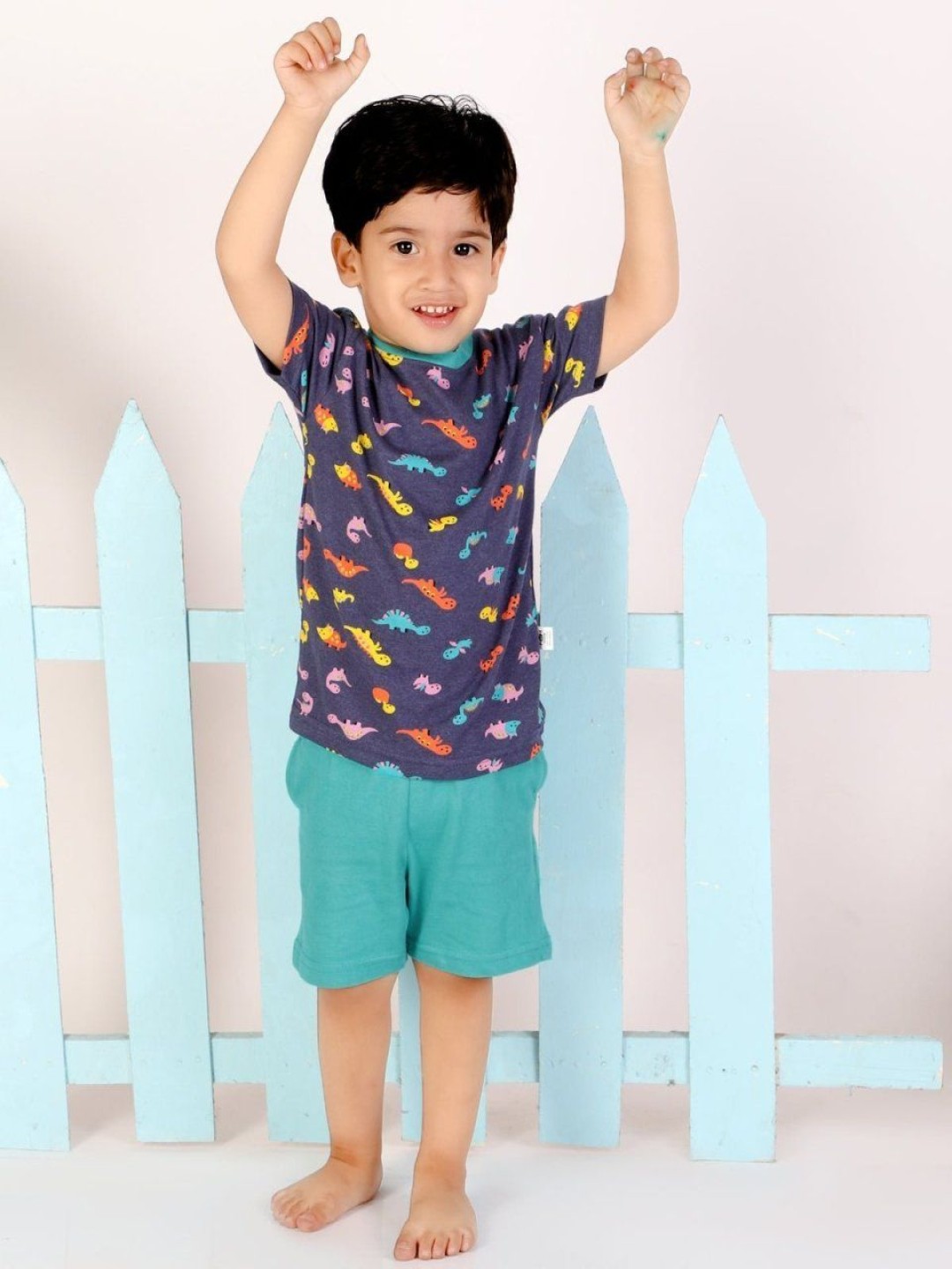 

The Mom Store Boys Dino Printed Pure Cotton T-shirt With Shorts, Navy blue
