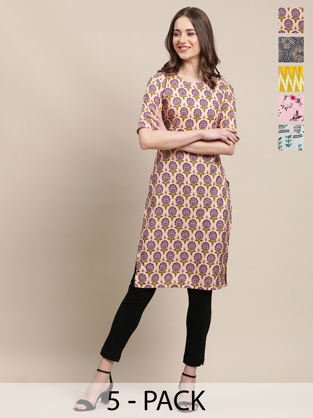 

7Threads Selection Of 5 Floral Printed Straight Kurta, Beige