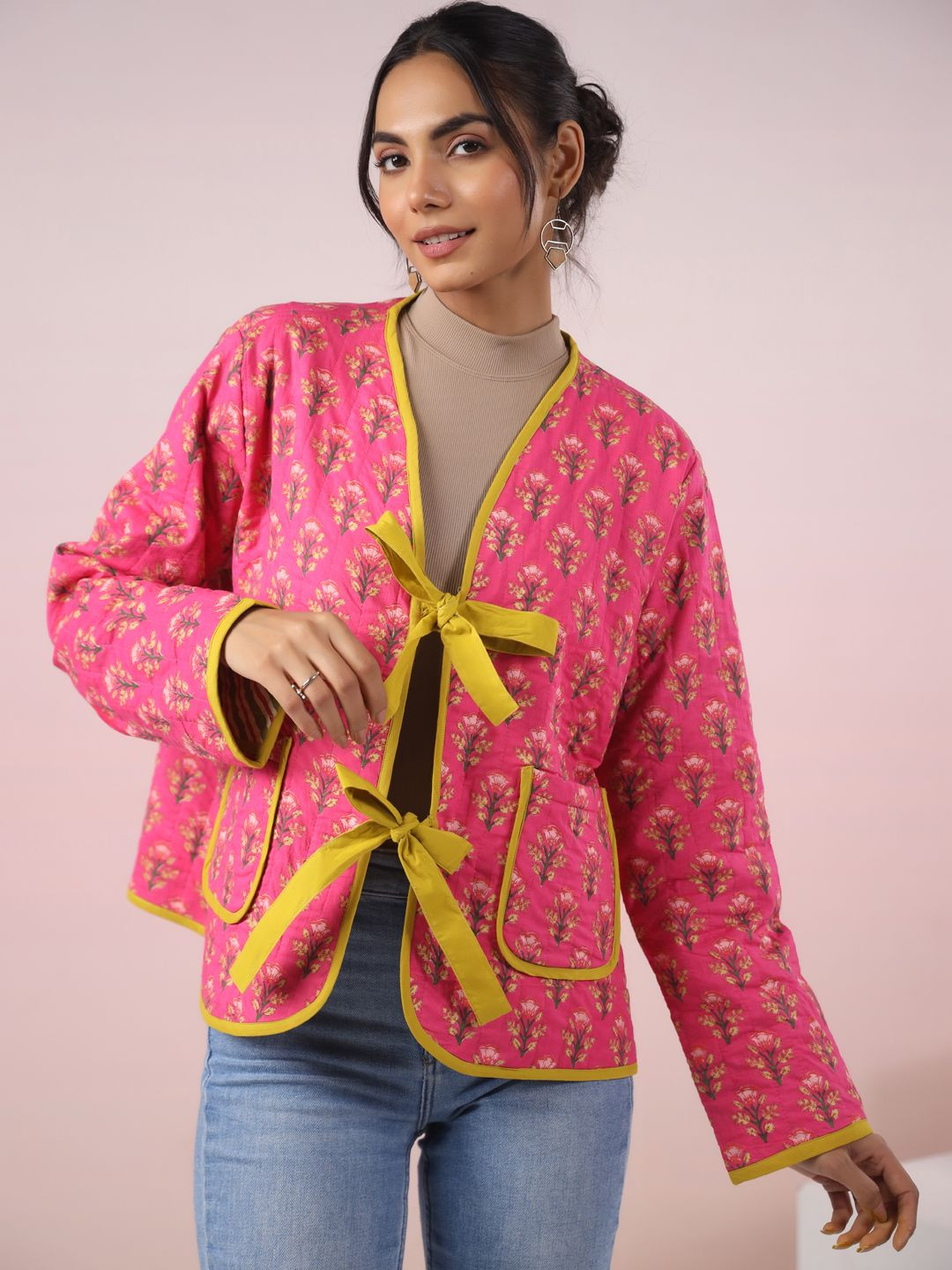 

Jaipur Morni Women Collarless Floral Printed Cotton Ethnic Lightweight Tailored Jacket, Pink