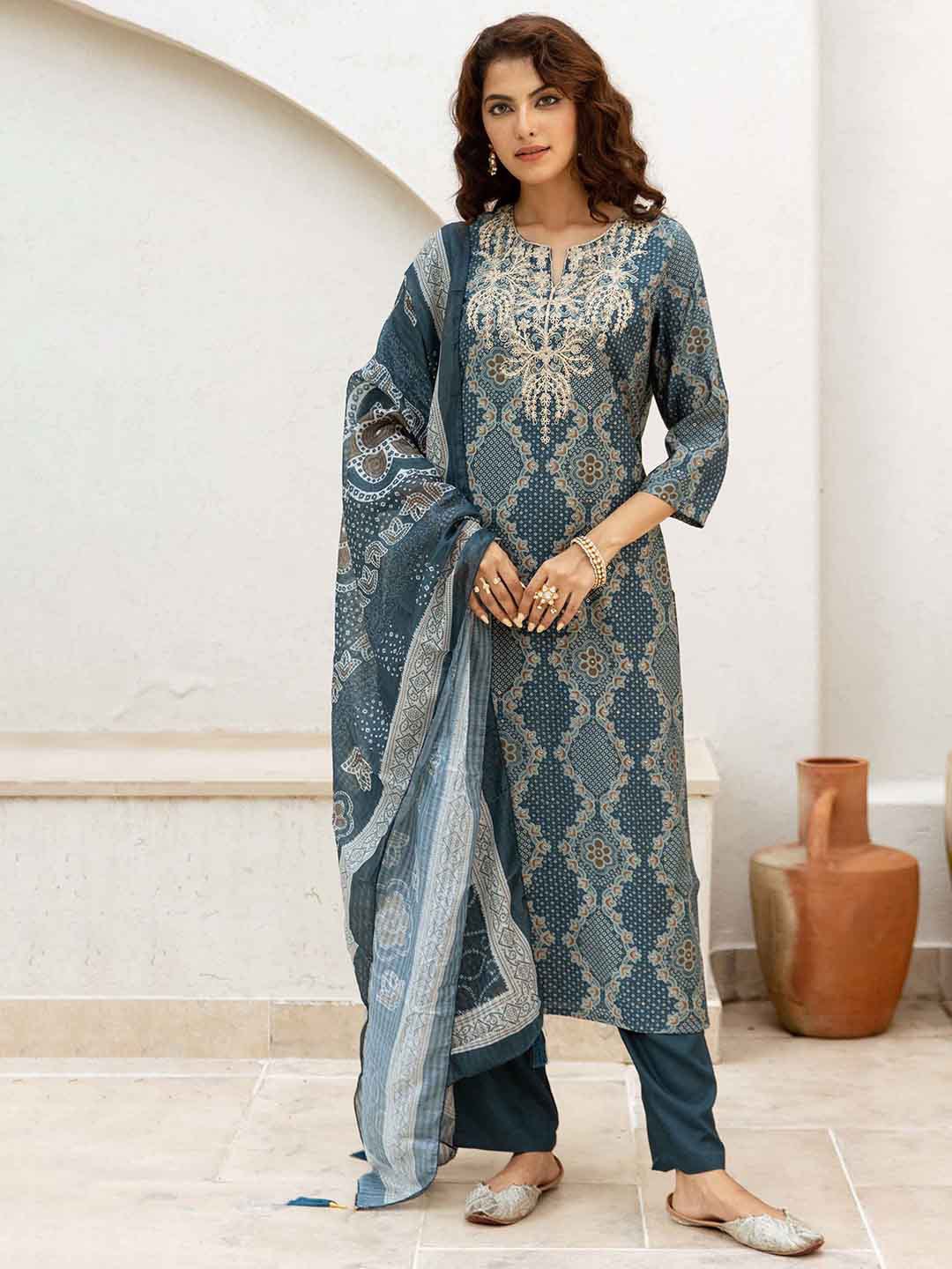 

Nehamta Floral Printed Regular Sequinned Straight Kurta with Trousers & Dupatta, Blue