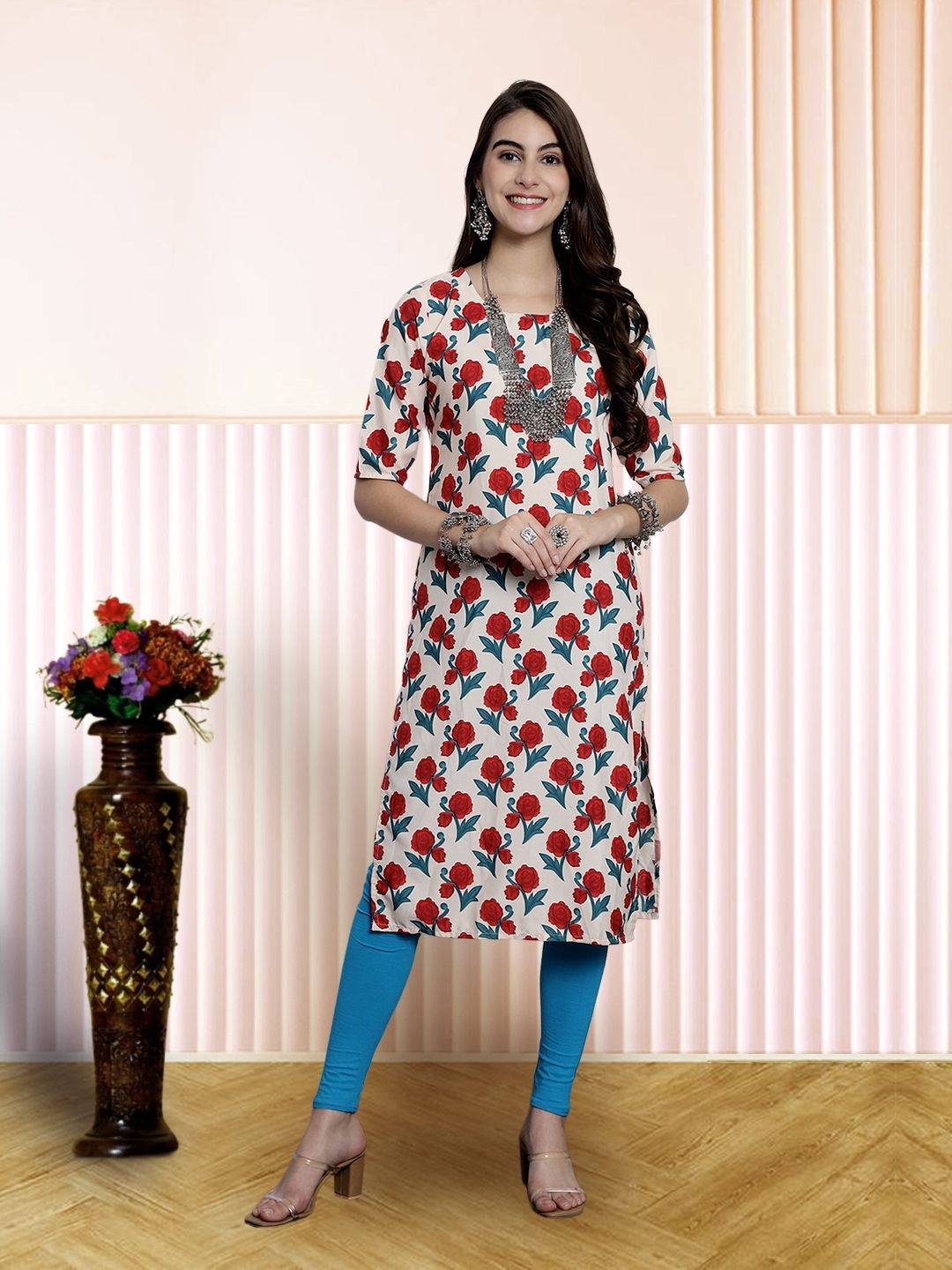 

7Threads Women Ethnic Motifs Printed Floral Crepe Kurta, Red