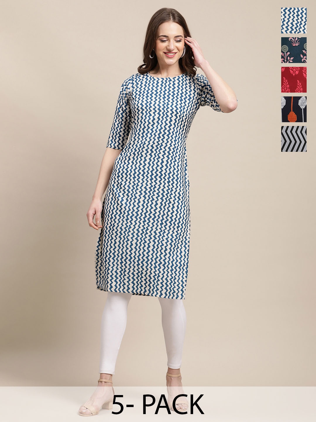 

7Threads Selection of 5 Chevron Printed Crepe Straight Kurta, Blue