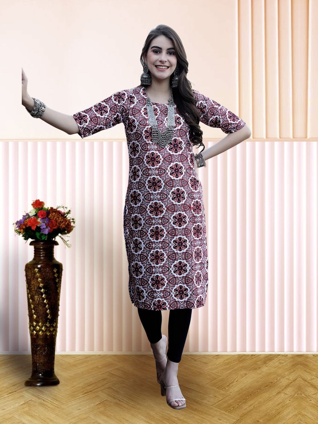 

7Threads Women Ethnic Motifs Printed Floral Crepe Kurta, Pink