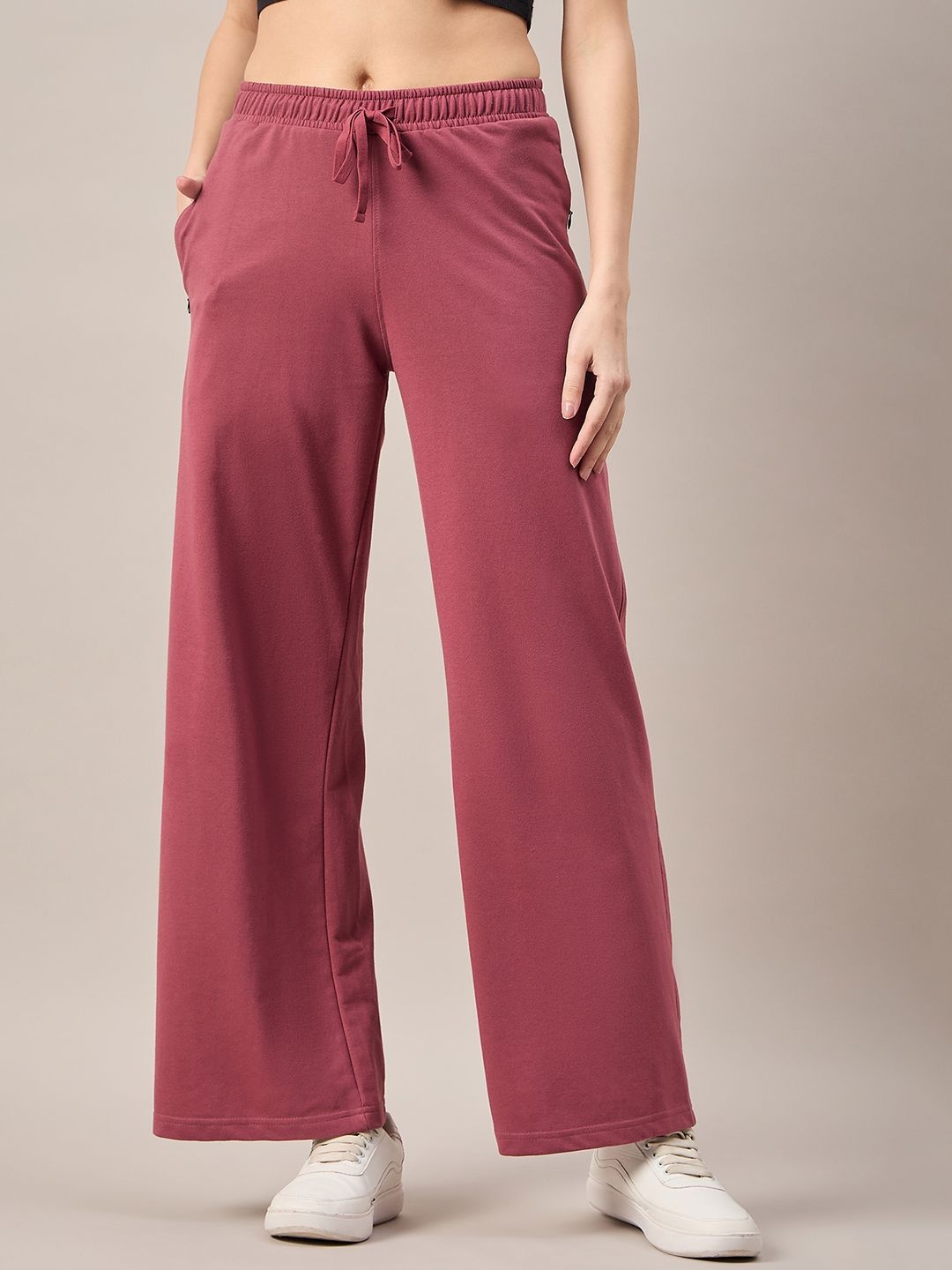 

FEMEA Women Cotton Mid Rise Wide Leg Track Pant, Mauve