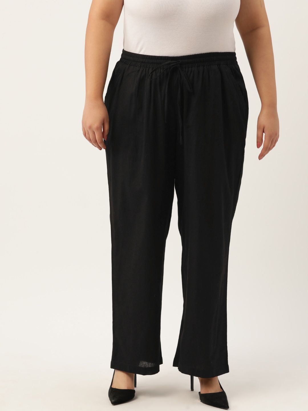 

theRebelinme Women Plus Size Relaxed High-Rise Easy Wash Trousers, Black