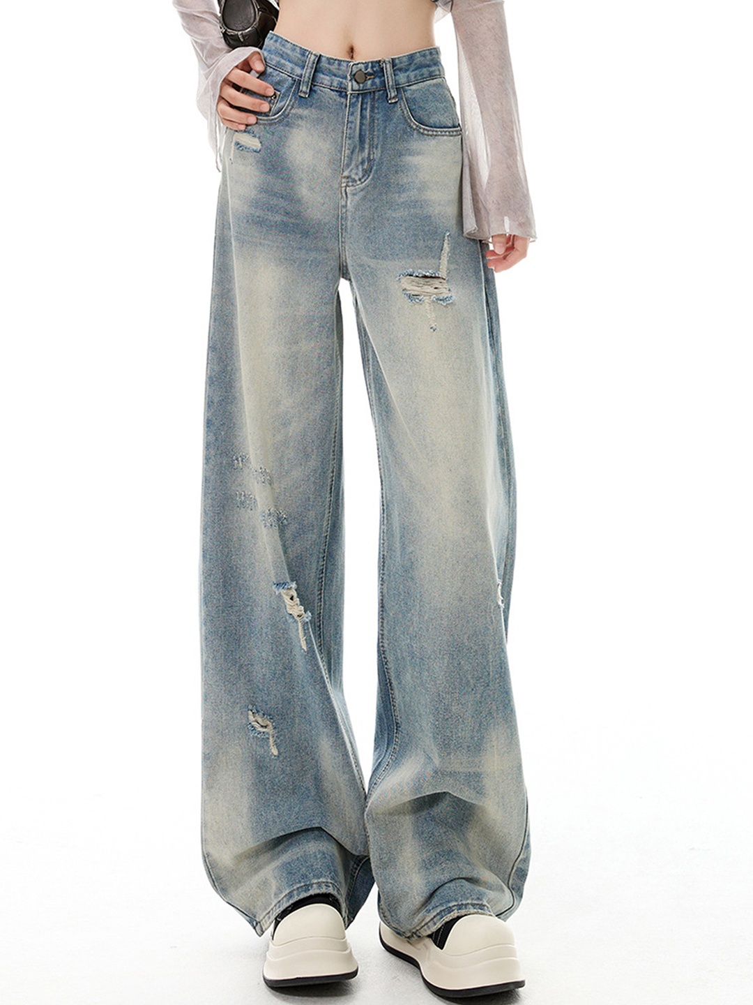 

LULU & SKY Women Straight Fit Mildly Distressed Heavy Fade Jeans, Blue